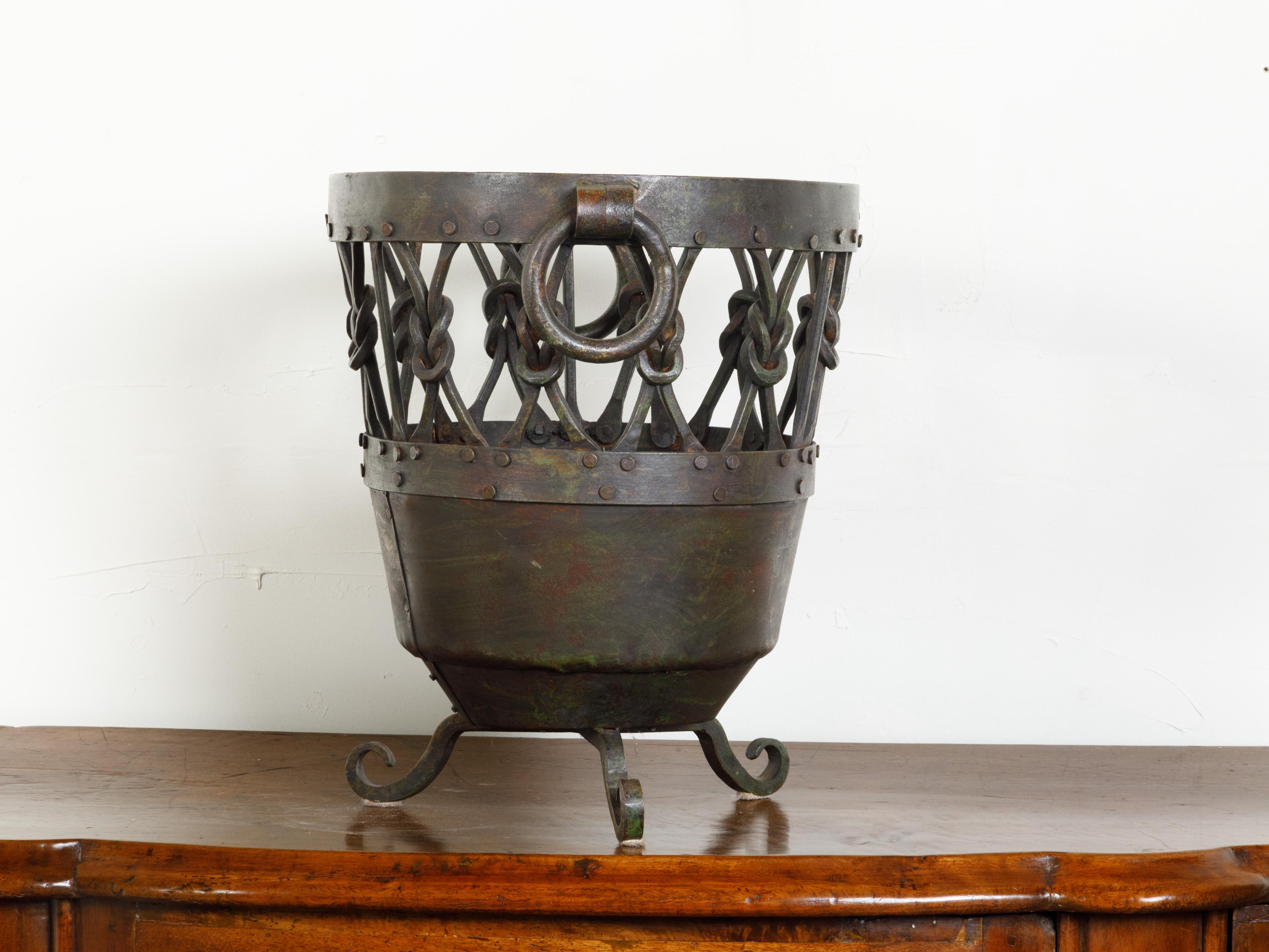 20th Century English Mid-Century Metal Brazier / Pot with Knotted Motifs and Scrolling Feet For Sale