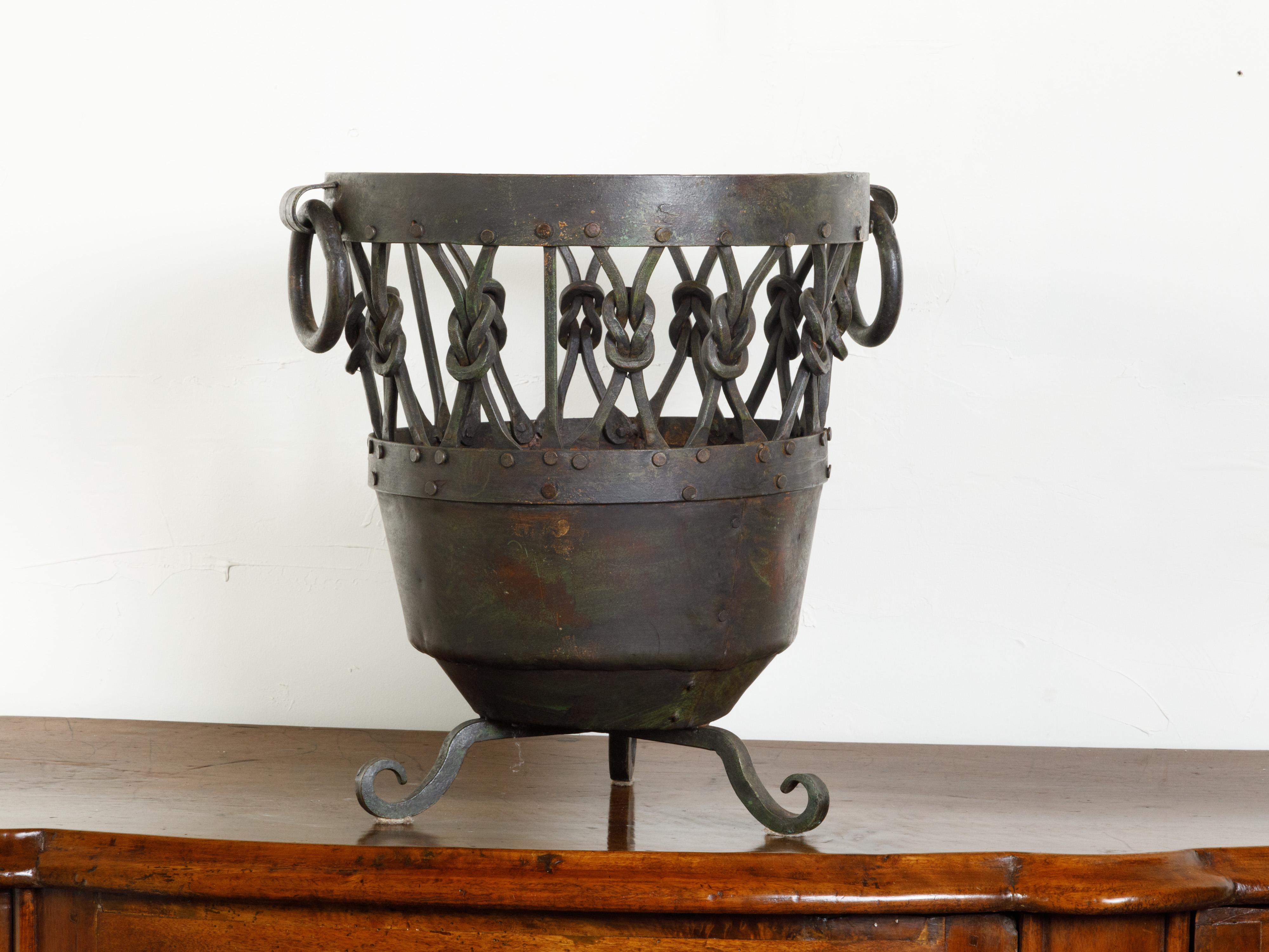 English Mid-Century Metal Brazier / Pot with Knotted Motifs and Scrolling Feet For Sale 1