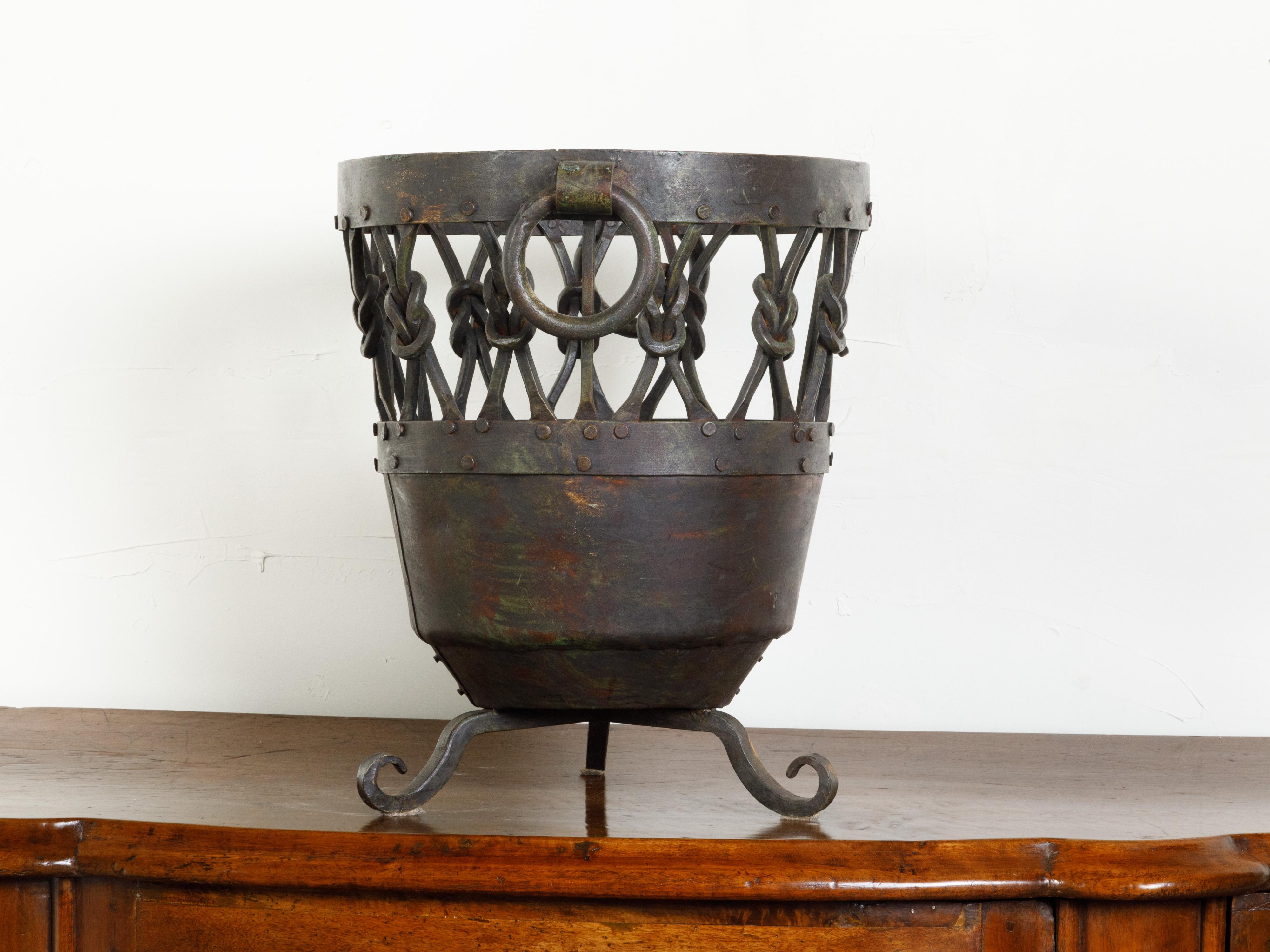English Mid-Century Metal Brazier / Pot with Knotted Motifs and Scrolling Feet For Sale 2