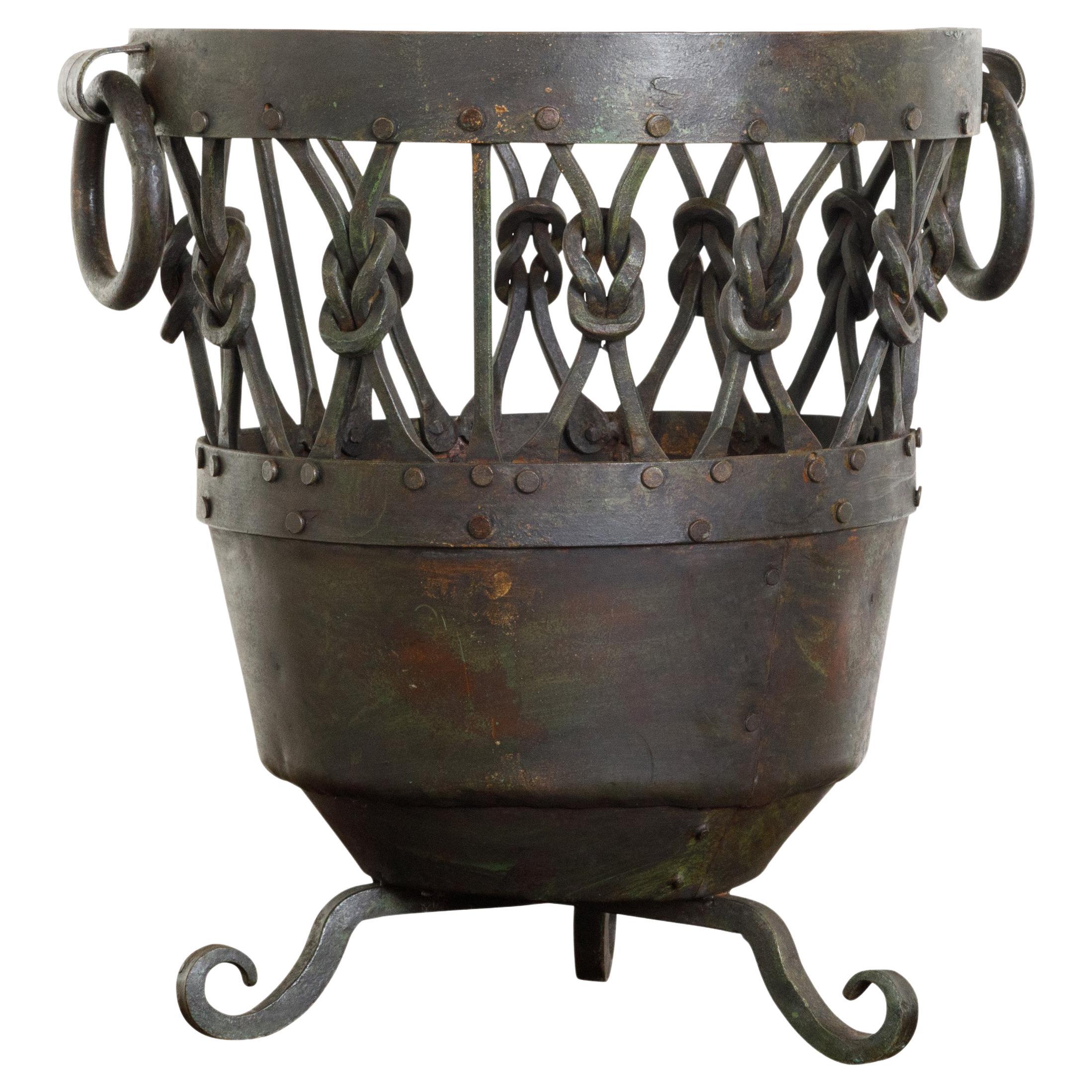 English Mid-Century Metal Brazier / Pot with Knotted Motifs and Scrolling Feet For Sale