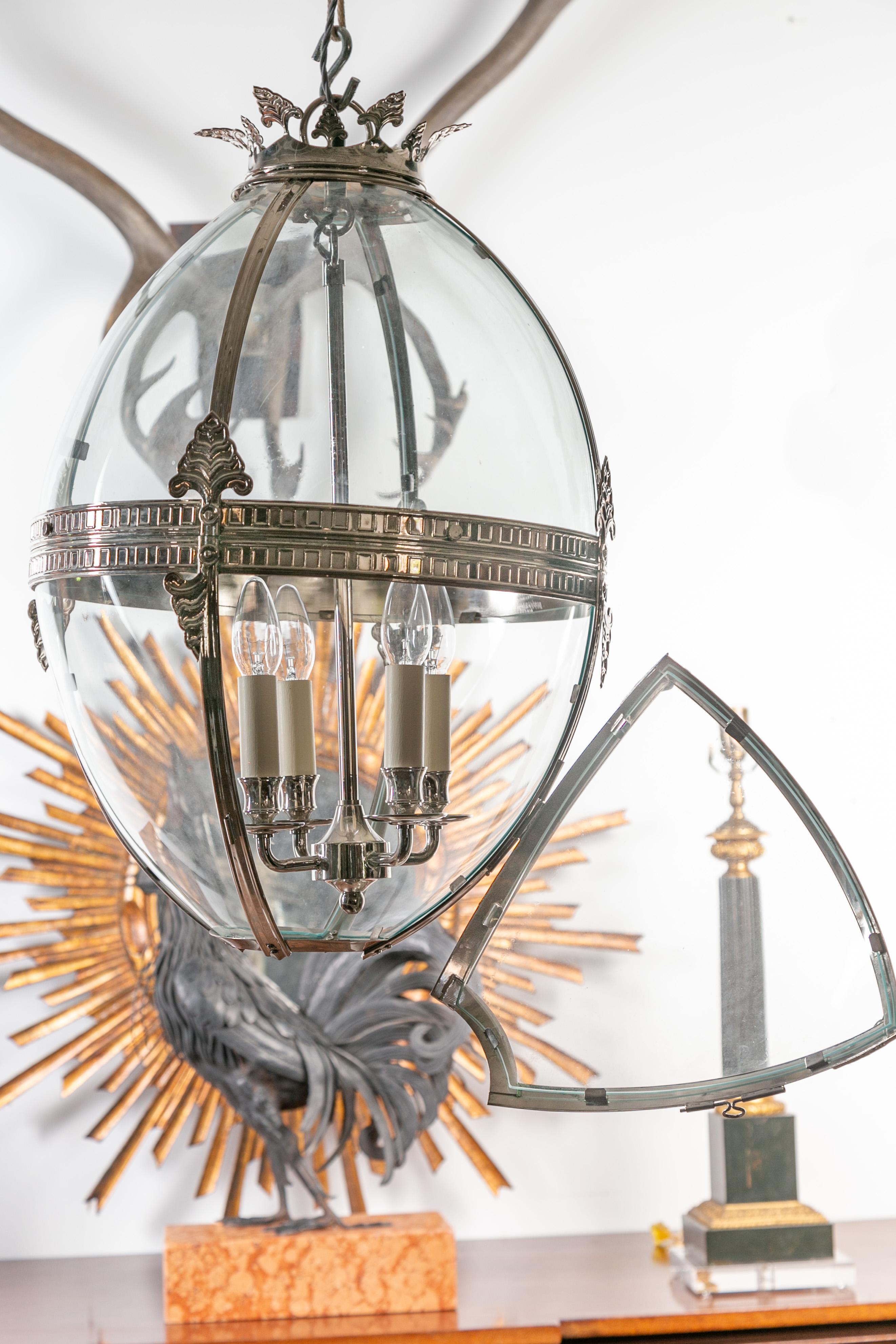 Mid-Century Modern English Midcentury Nickel and Glass Four-Light Ovoid Lantern with Palmettes For Sale