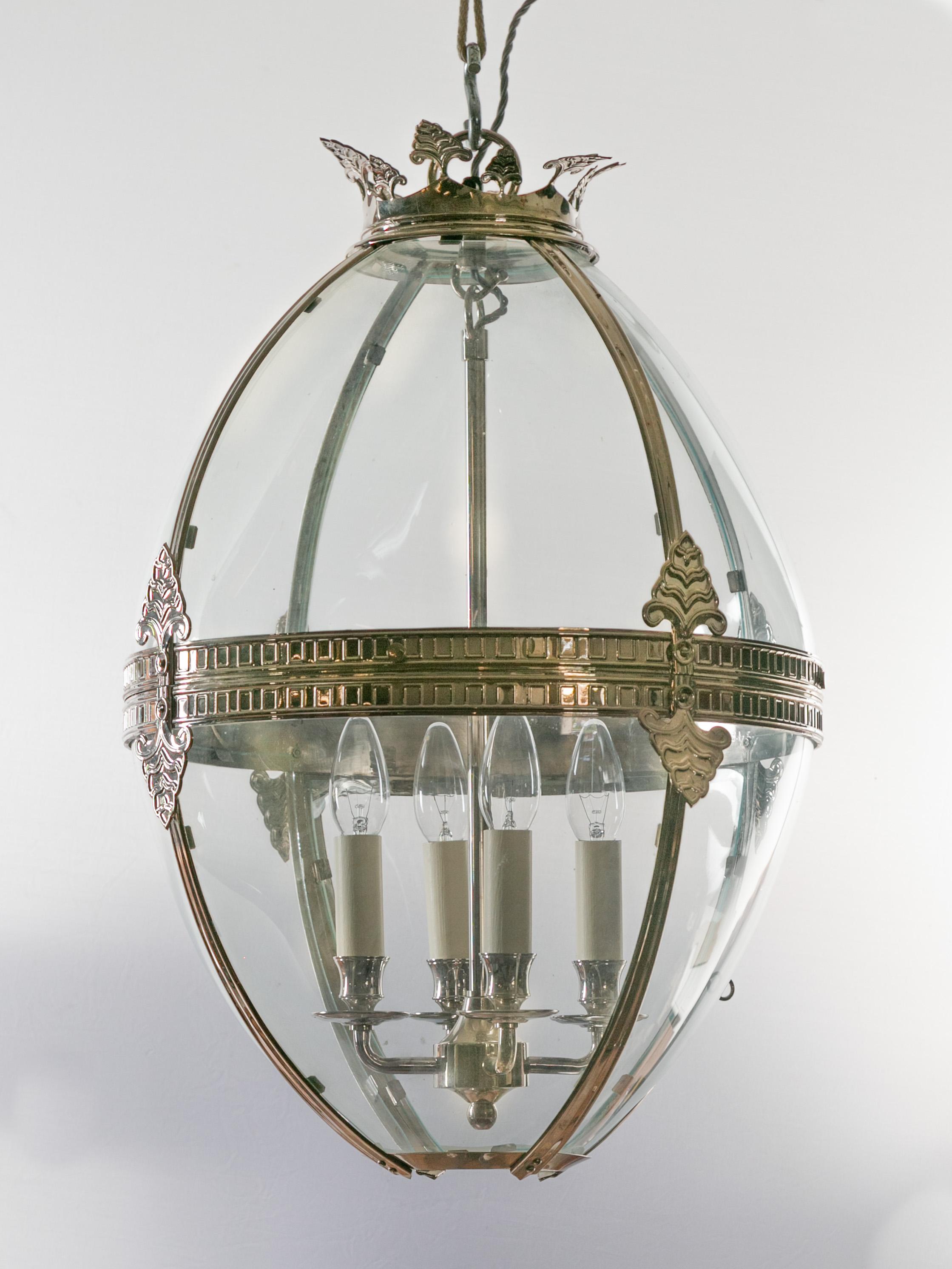 English Midcentury Nickel and Glass Four-Light Ovoid Lantern with Palmettes In Good Condition For Sale In Atlanta, GA