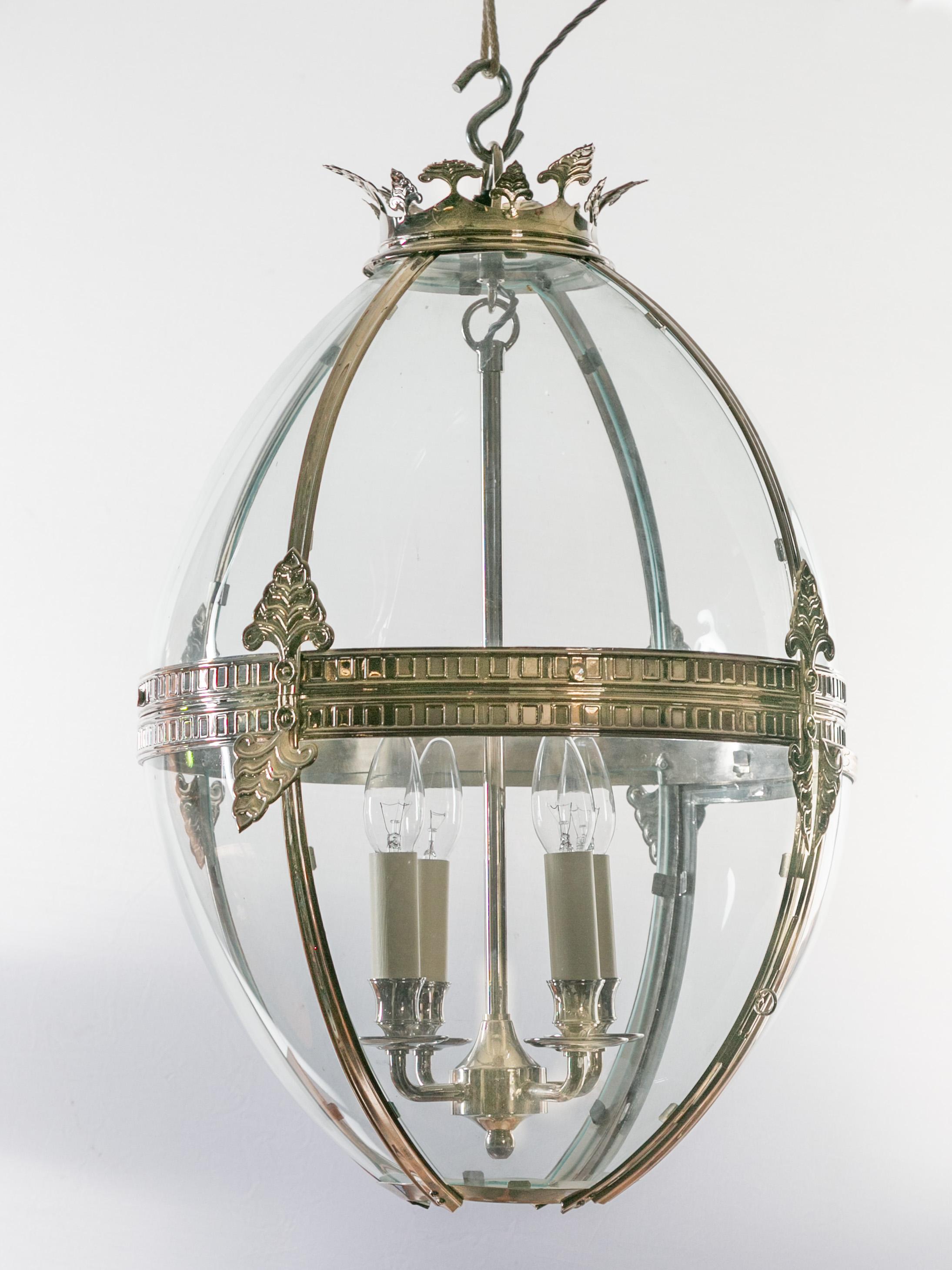 English Midcentury Nickel and Glass Four-Light Ovoid Lantern with Palmettes For Sale 1
