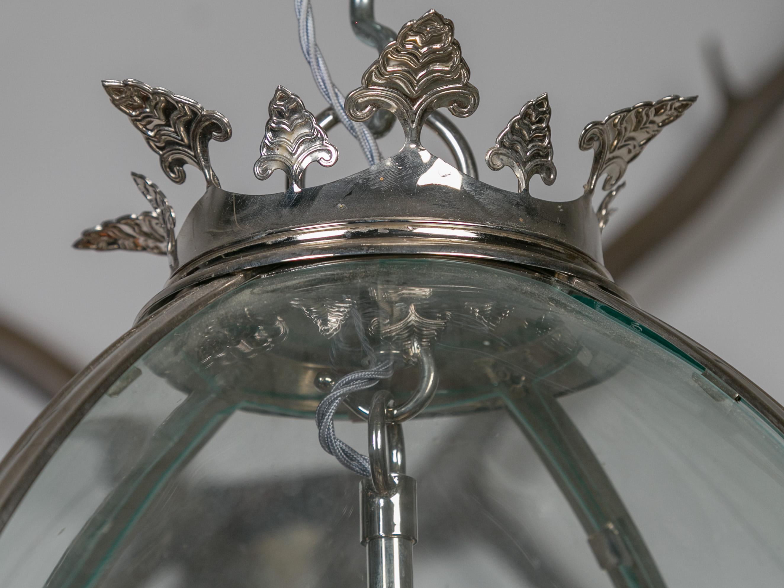 English Midcentury Nickel and Glass Four-Light Ovoid Lantern with Palmettes For Sale 4