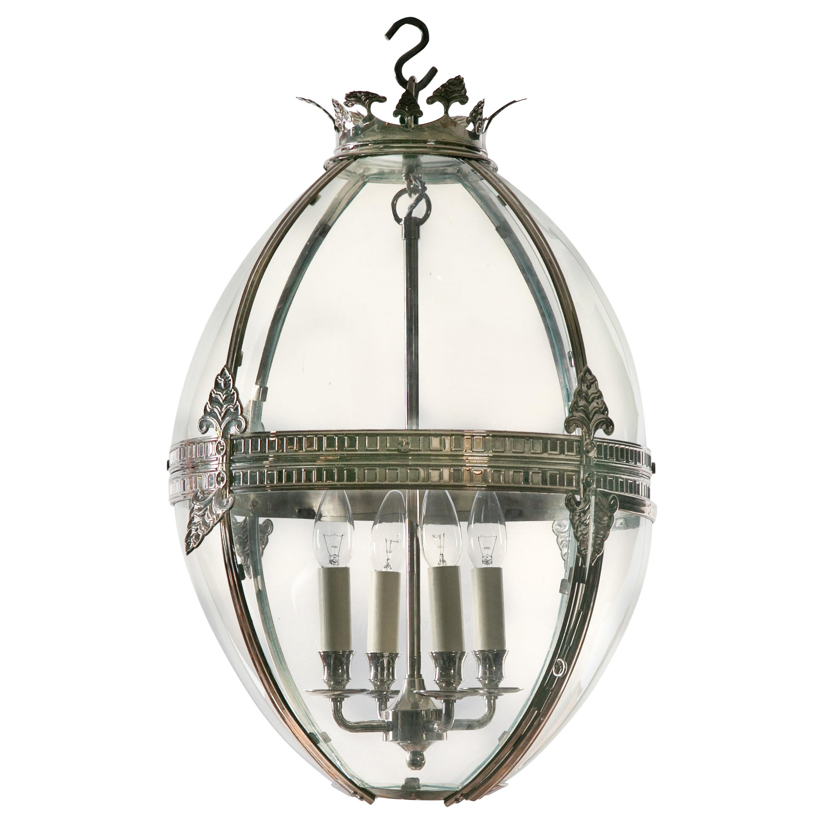 English Midcentury Nickel and Glass Four-Light Ovoid Lantern with Palmettes For Sale