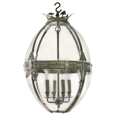English Midcentury Nickel and Glass Four-Light Ovoid Lantern with Palmettes