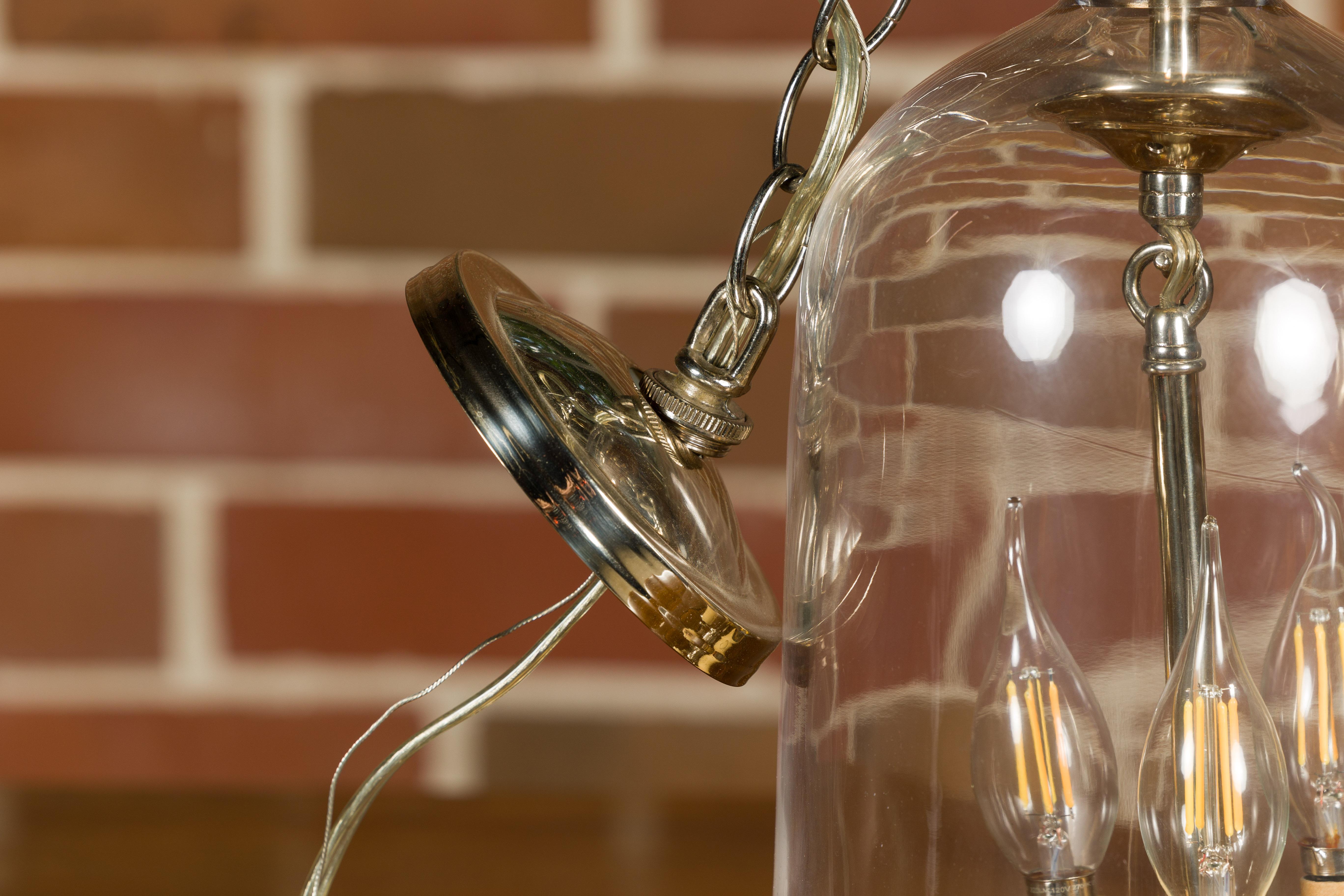 Luminaire anglais du milieu du siècle en nickel avec trois Lights et cloche en verre en vente 3