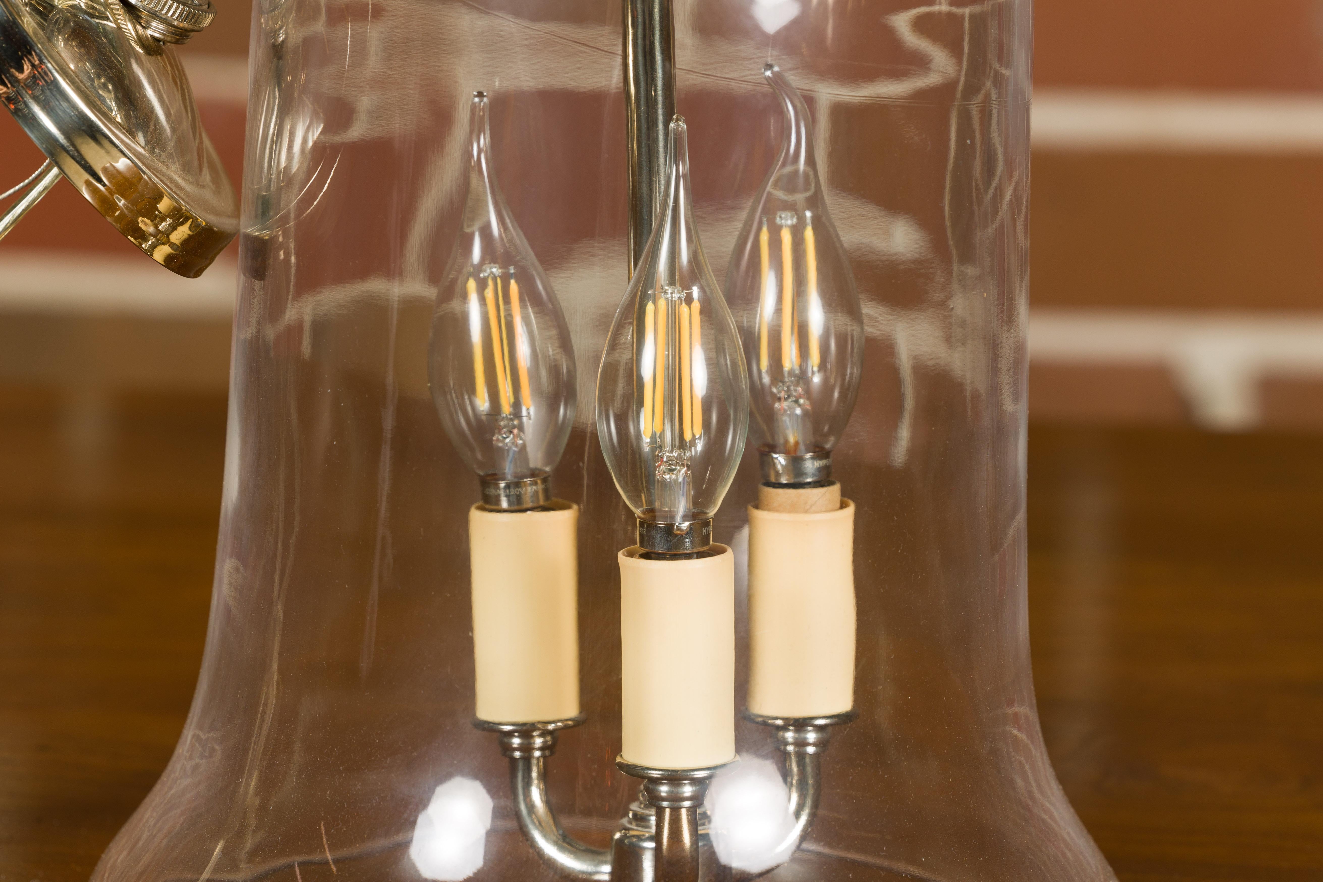 Luminaire anglais du milieu du siècle en nickel avec trois Lights et cloche en verre en vente 4