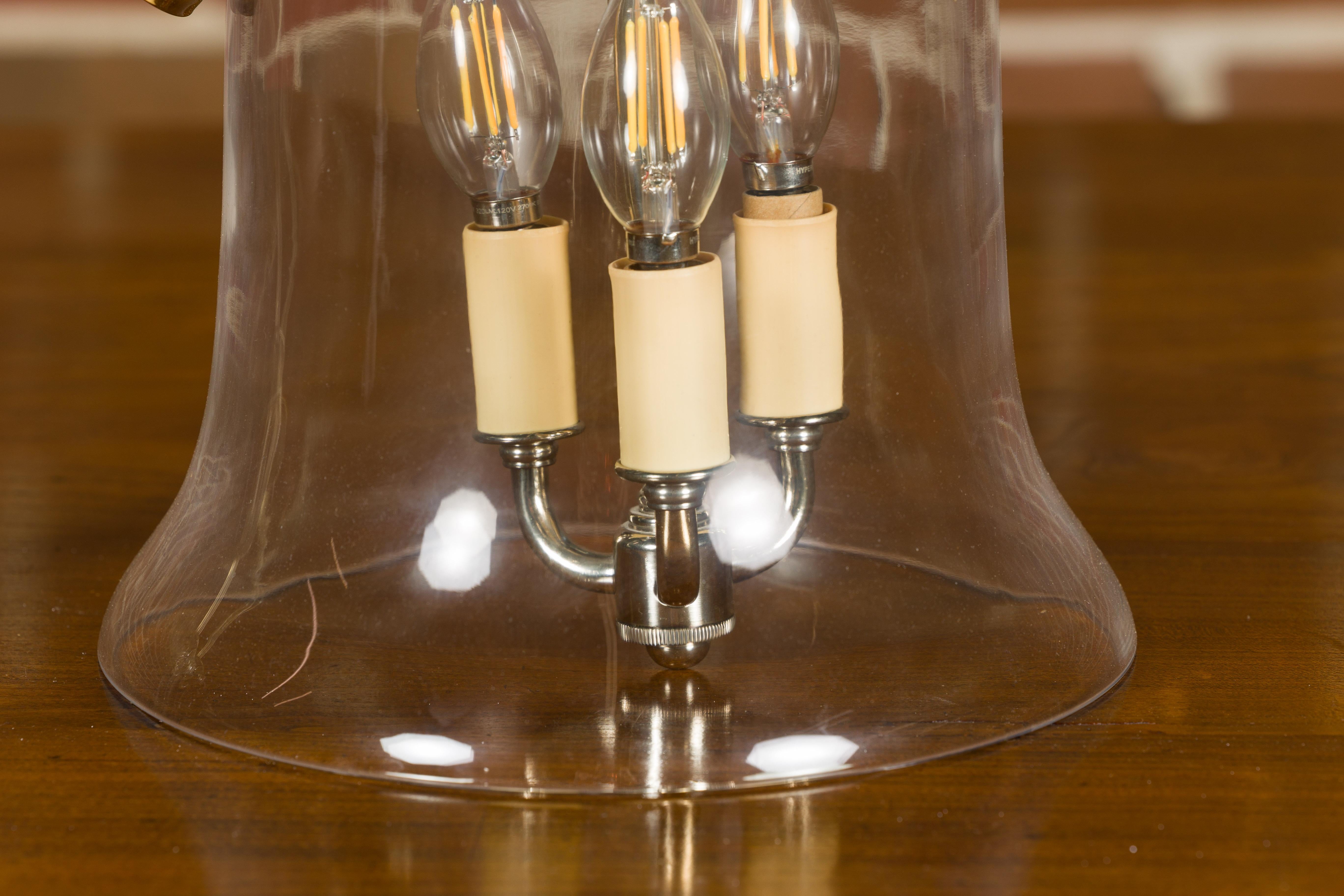 Luminaire anglais du milieu du siècle en nickel avec trois Lights et cloche en verre en vente 5