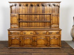 English Midcentury Oak Dresser with Carved Accents, Six Doors and Six Drawers