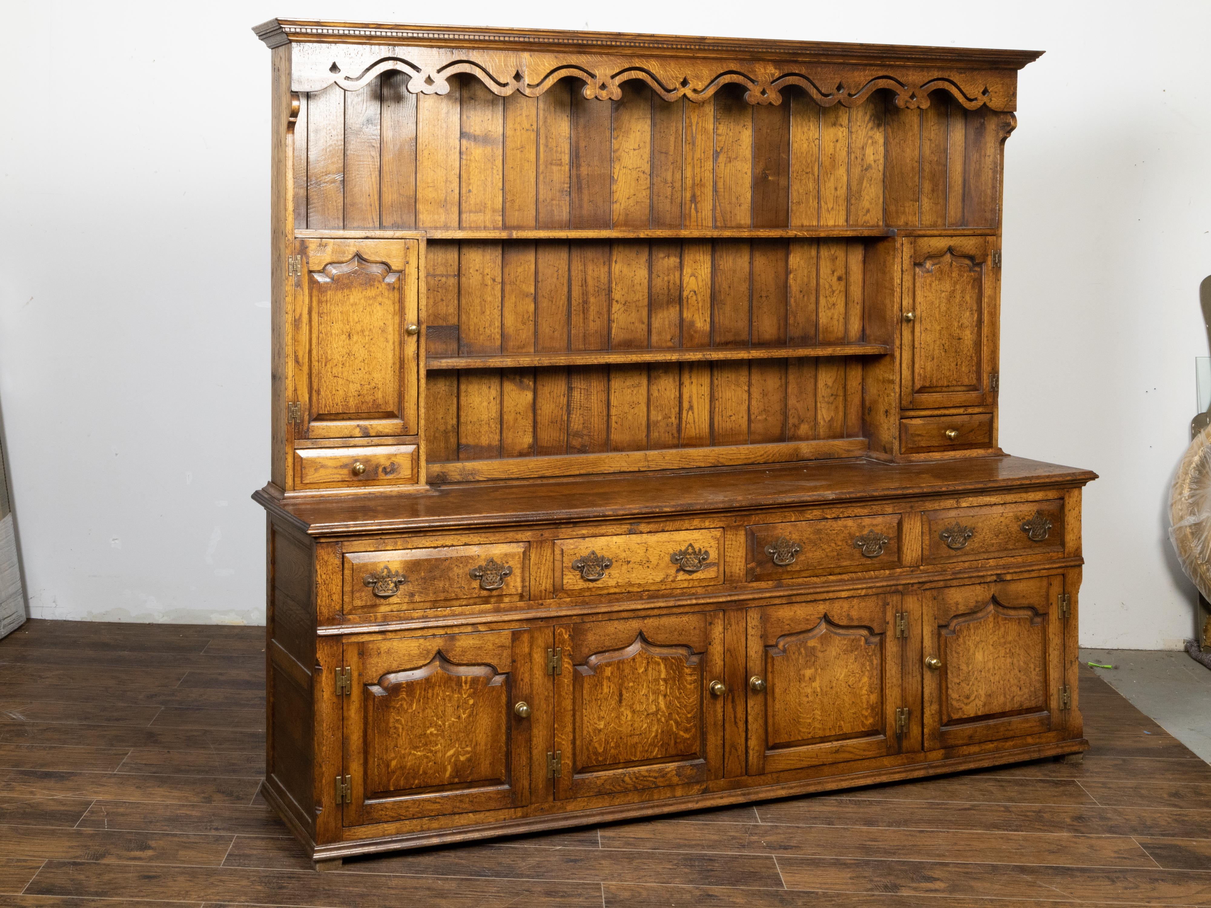 English Midcentury Oak Dresser with Carved Accents, Six Doors and Six Drawers In Good Condition For Sale In Atlanta, GA
