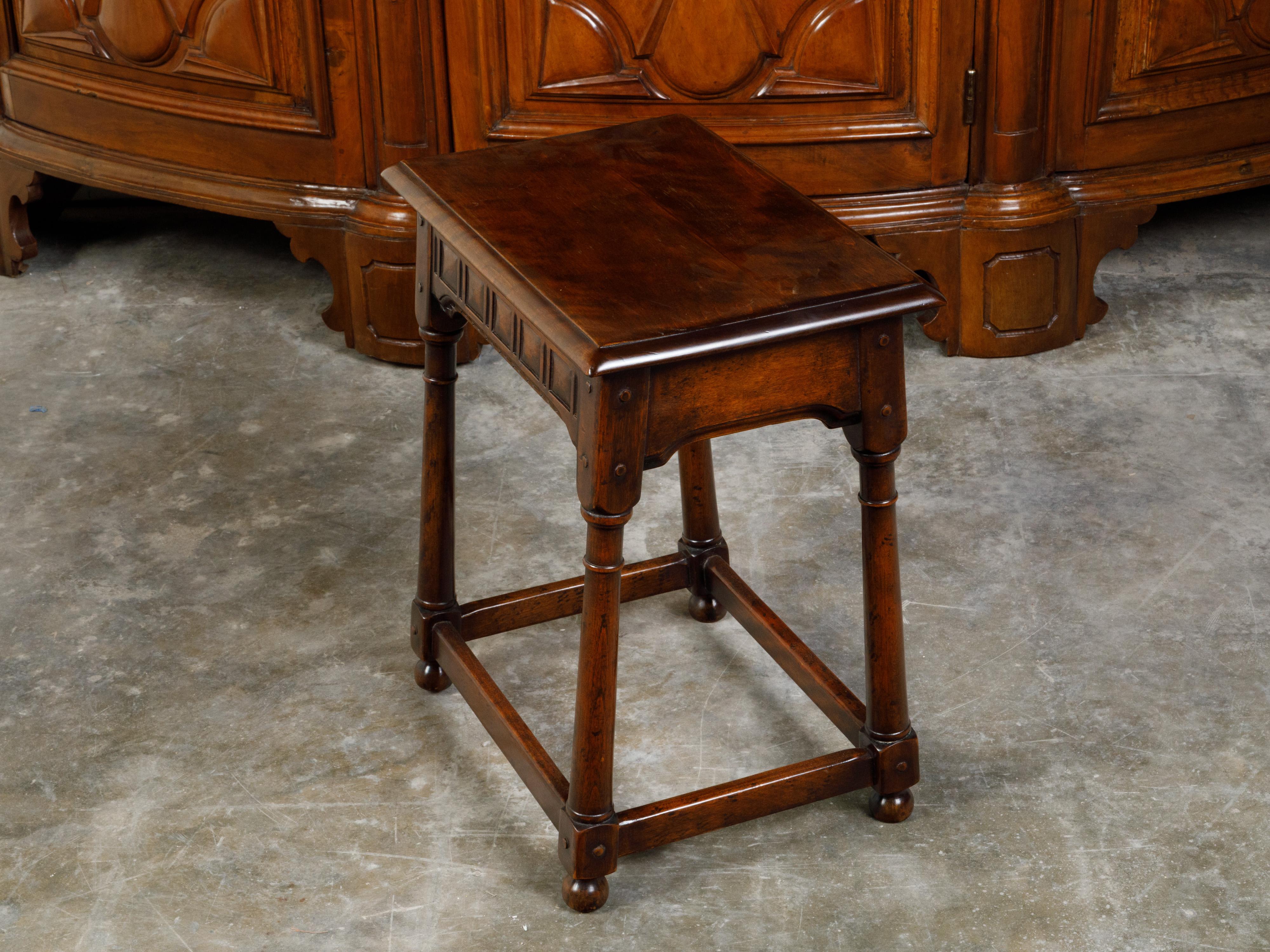 English Midcentury Oak Joint Stool with Carved Apron, Turned Legs and Bun Feet For Sale 8