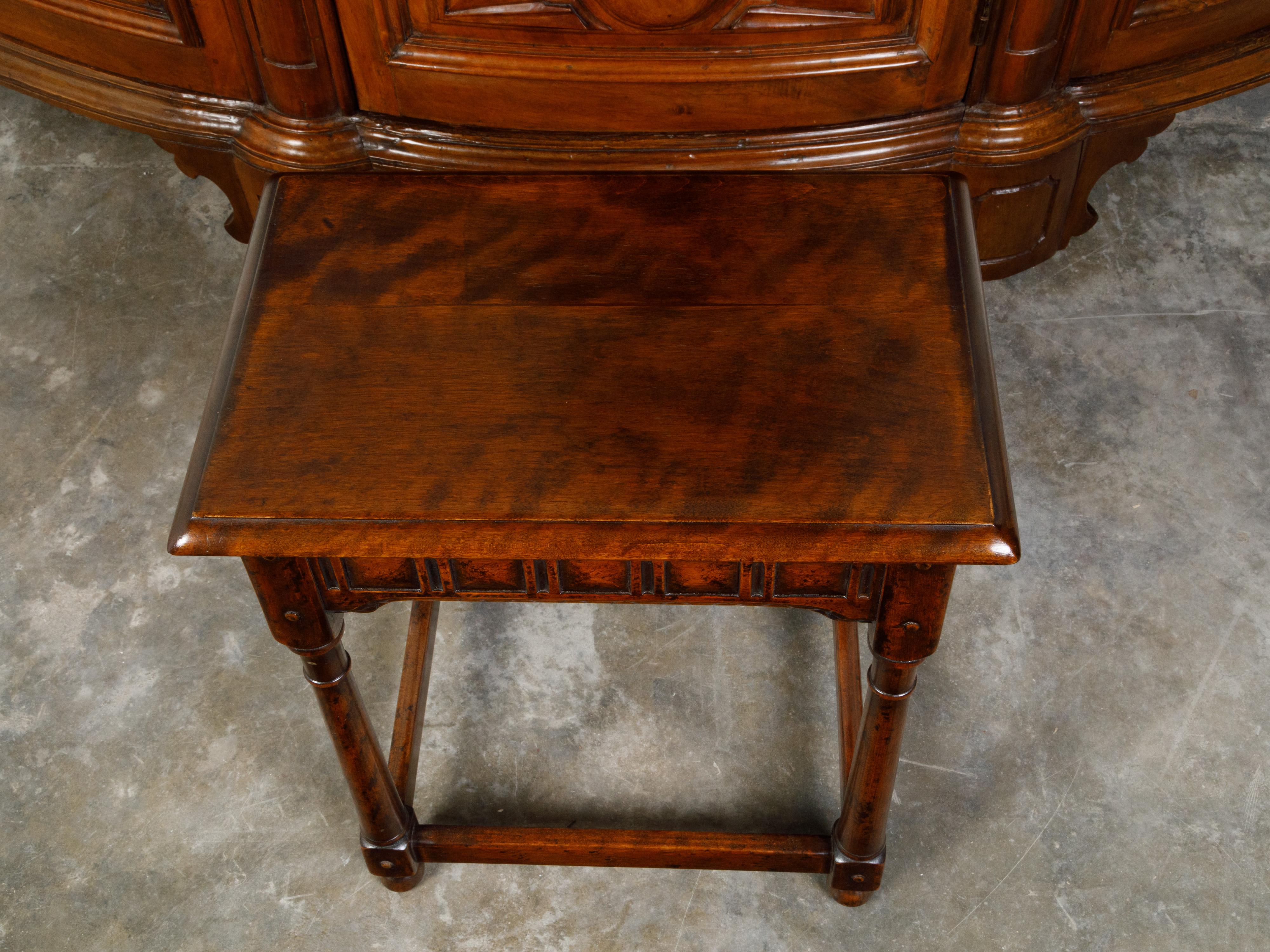 English Midcentury Oak Joint Stool with Carved Apron, Turned Legs and Bun Feet In Good Condition For Sale In Atlanta, GA