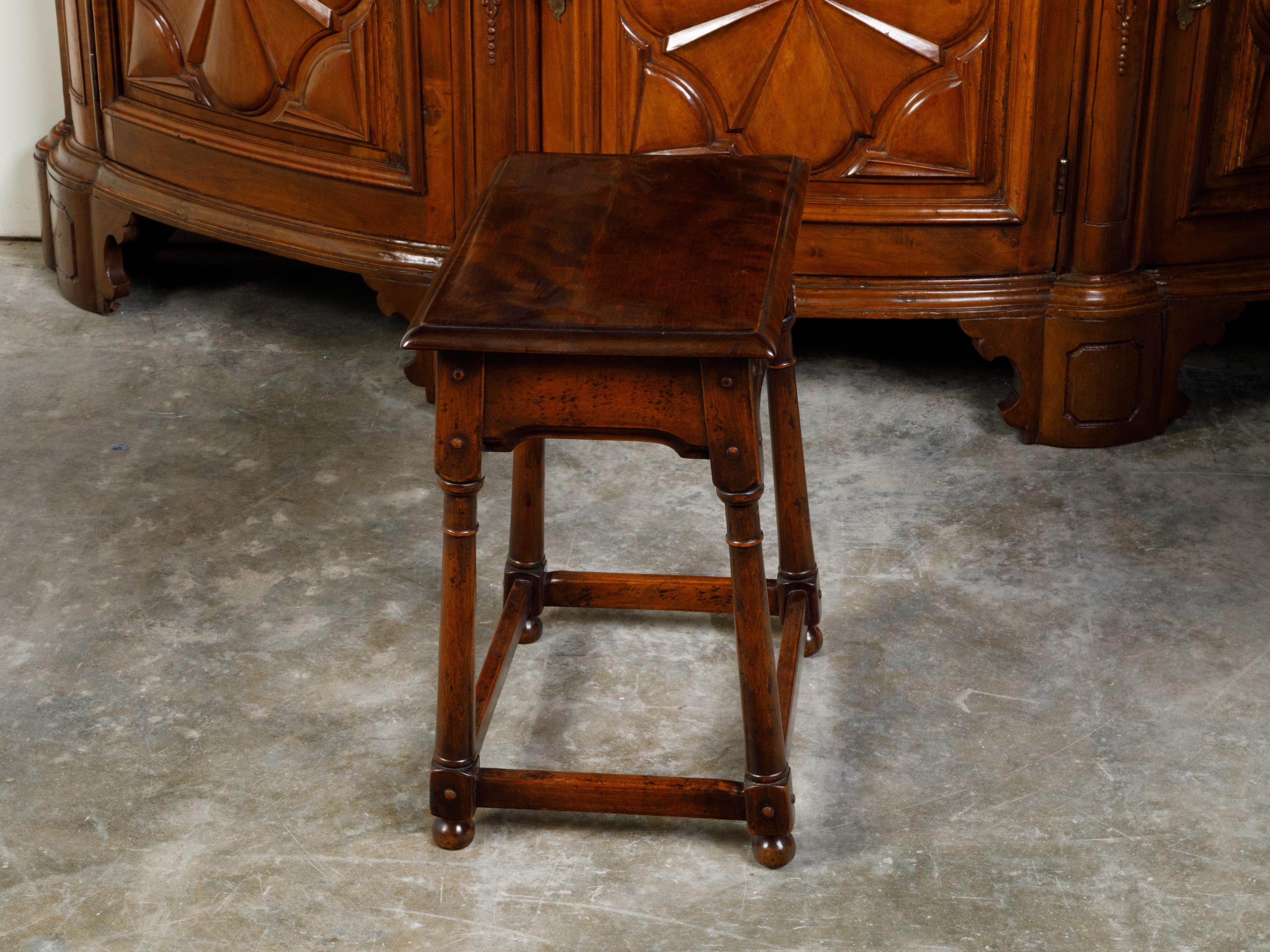 English Midcentury Oak Joint Stool with Carved Apron, Turned Legs and Bun Feet For Sale 5