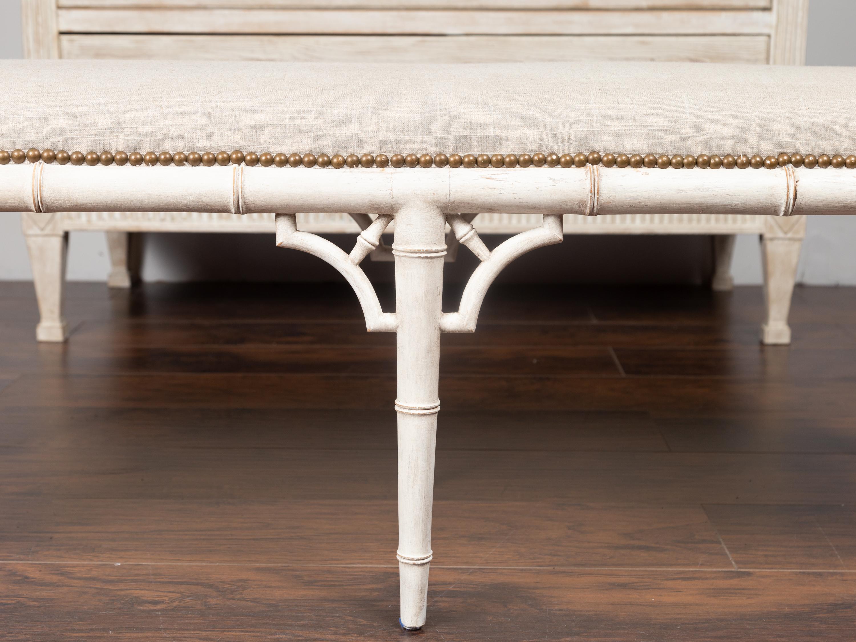 English Midcentury Painted Faux Bamboo Bench with Upholstery, Pair Available 3