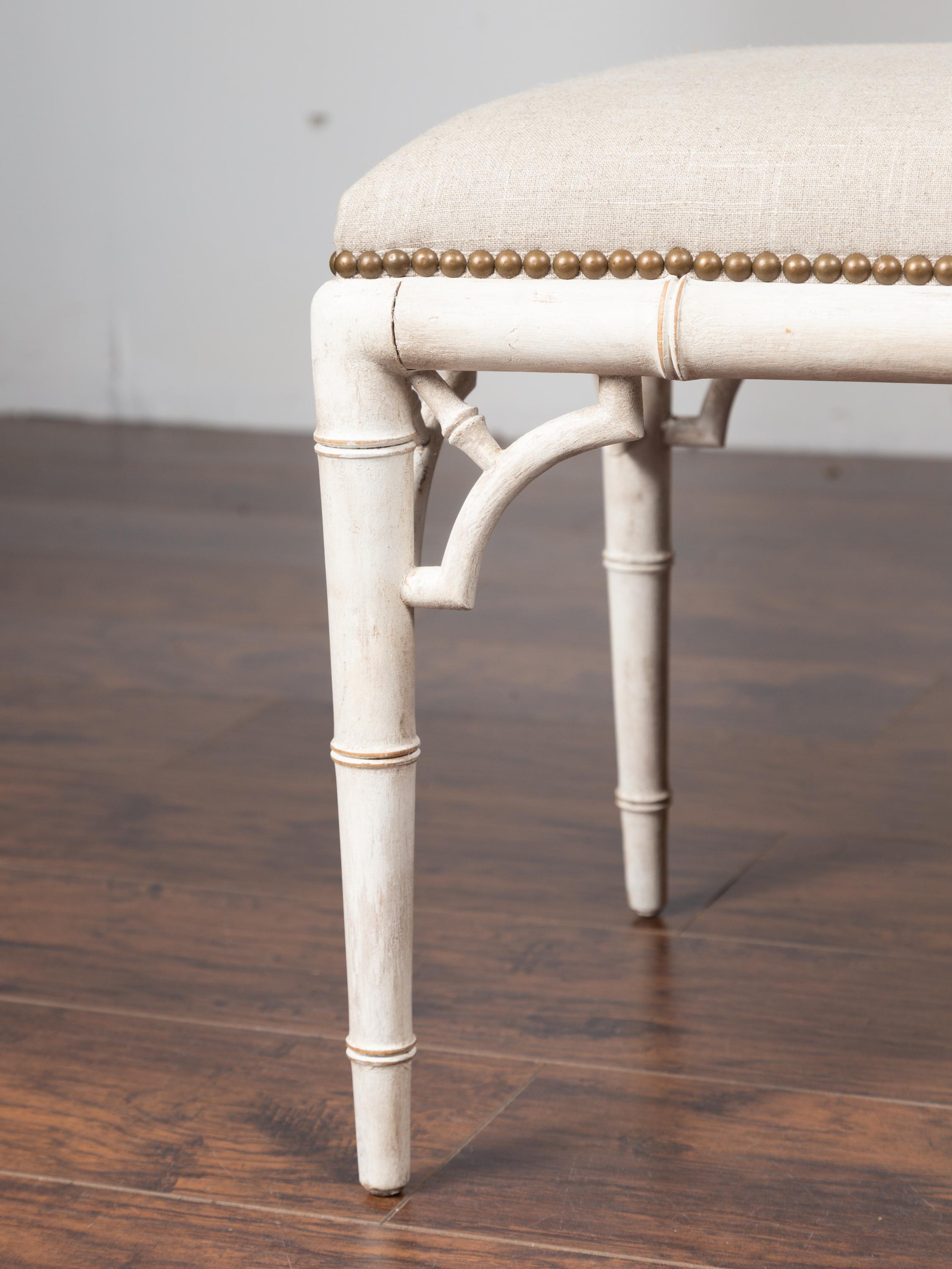 English Midcentury Painted Faux Bamboo Bench With Upholstery Pair