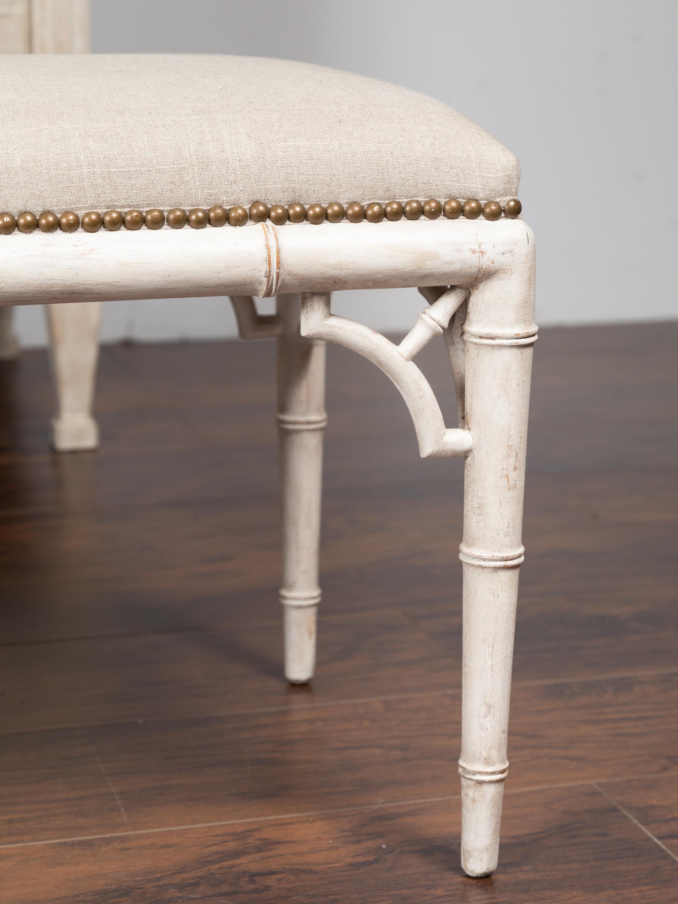 English Midcentury Painted Faux Bamboo Bench With Upholstery Pair