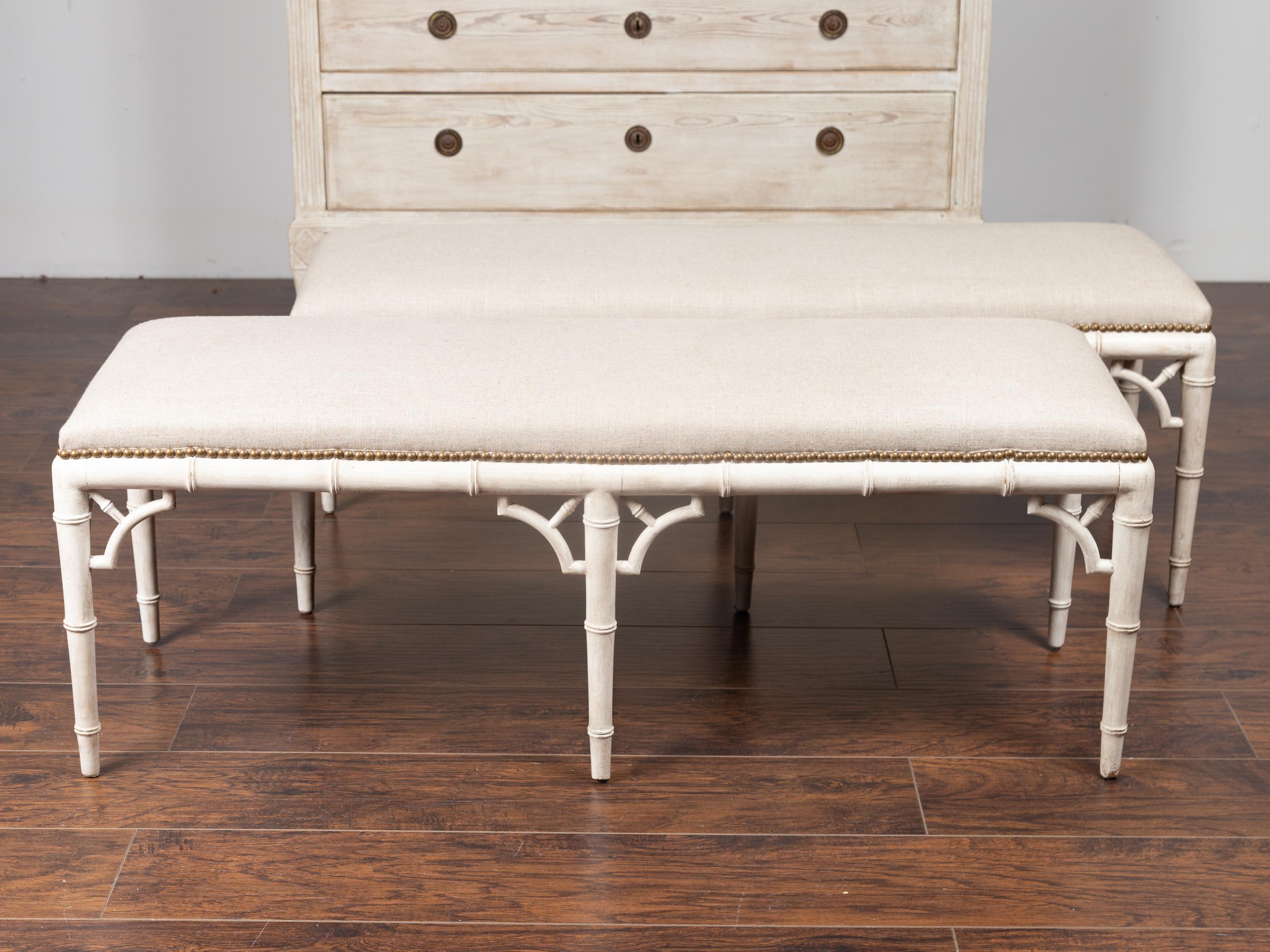 English Midcentury Painted Faux Bamboo Bench with Upholstery, Pair Available 6