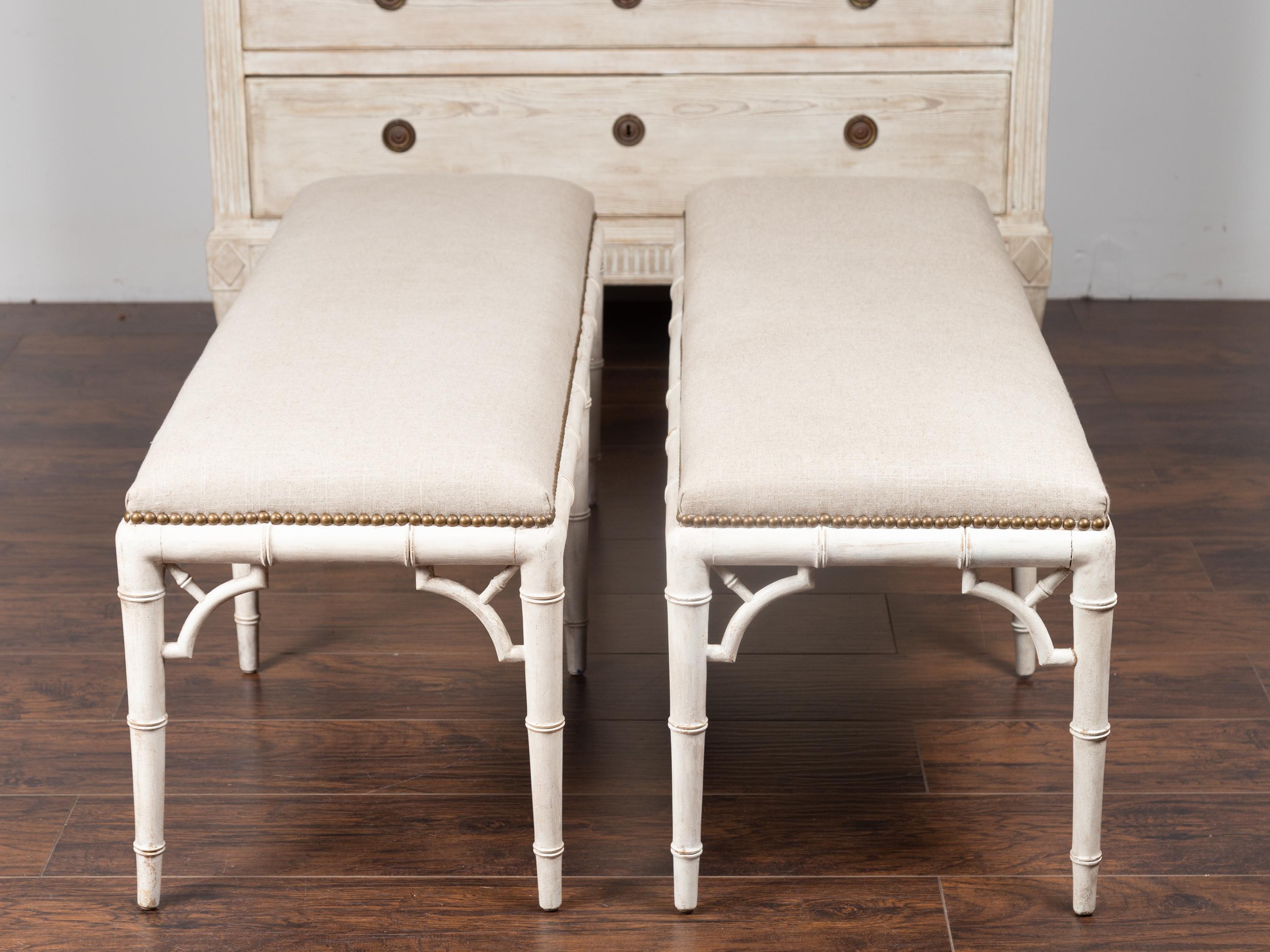 English Midcentury Painted Faux Bamboo Bench with Upholstery, Pair Available 7
