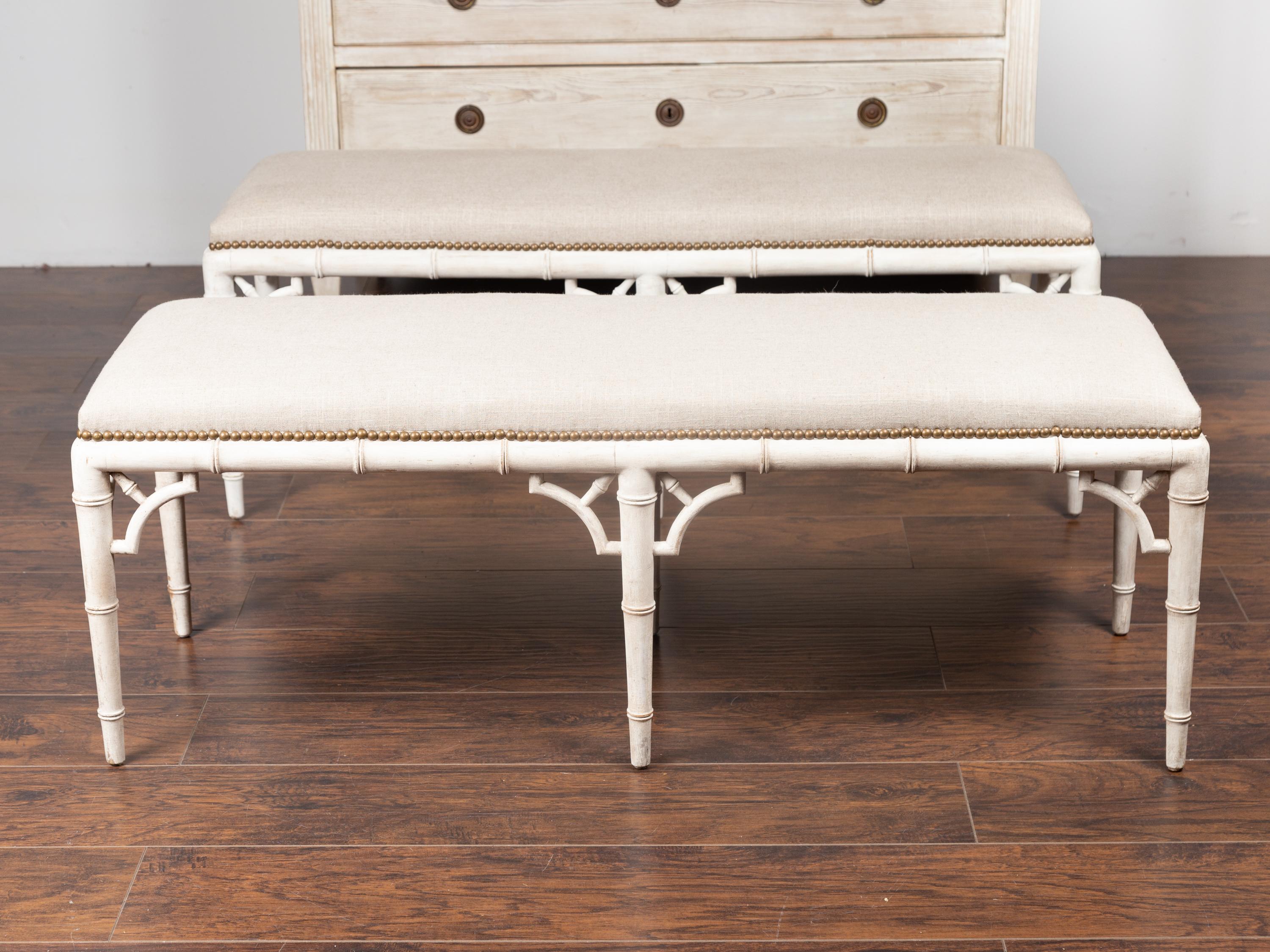 English Midcentury Painted Faux Bamboo Bench with Upholstery Pair Available