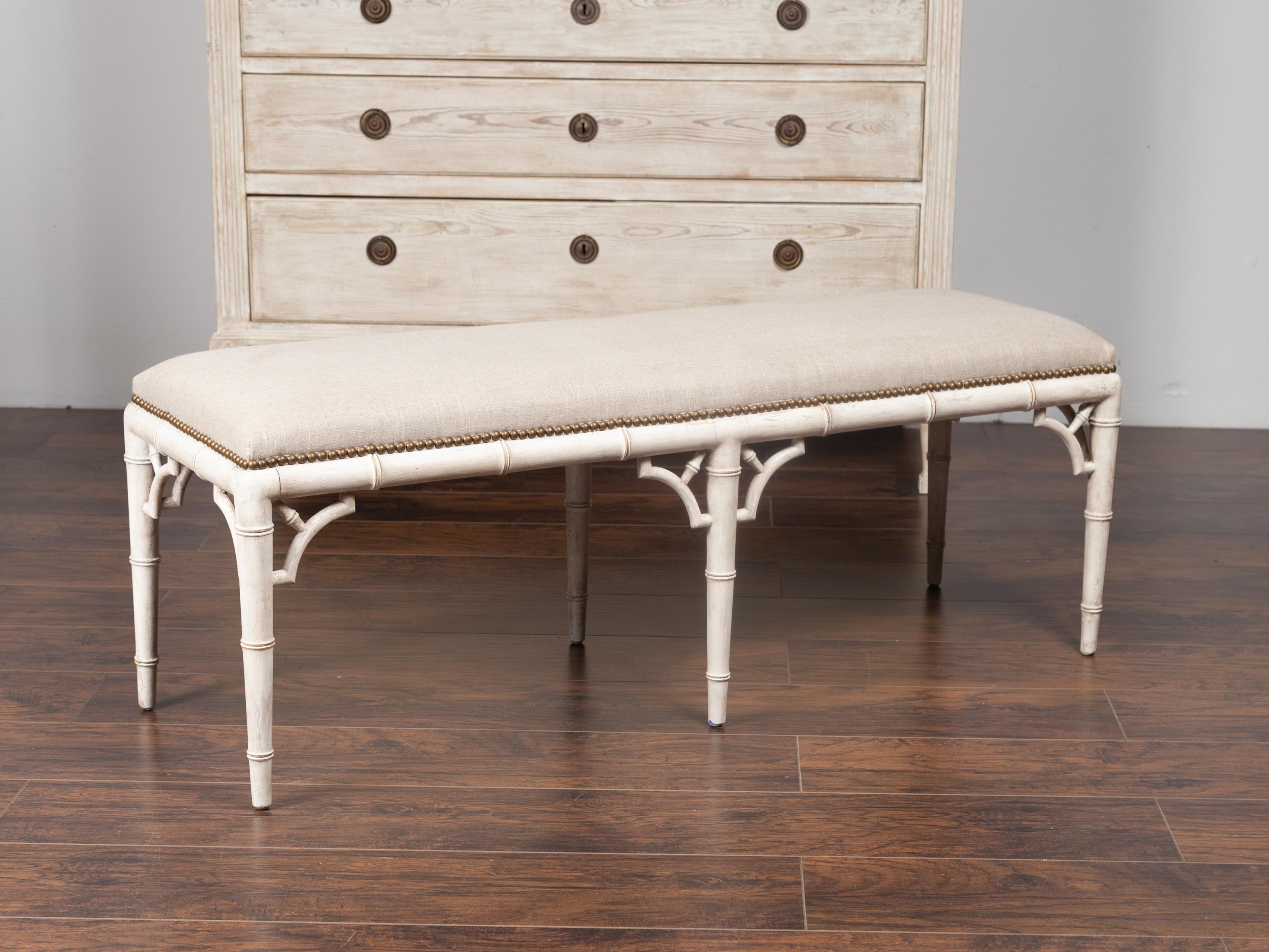 Mid-Century Modern English Midcentury Painted Faux Bamboo Bench with Upholstery, Pair Available