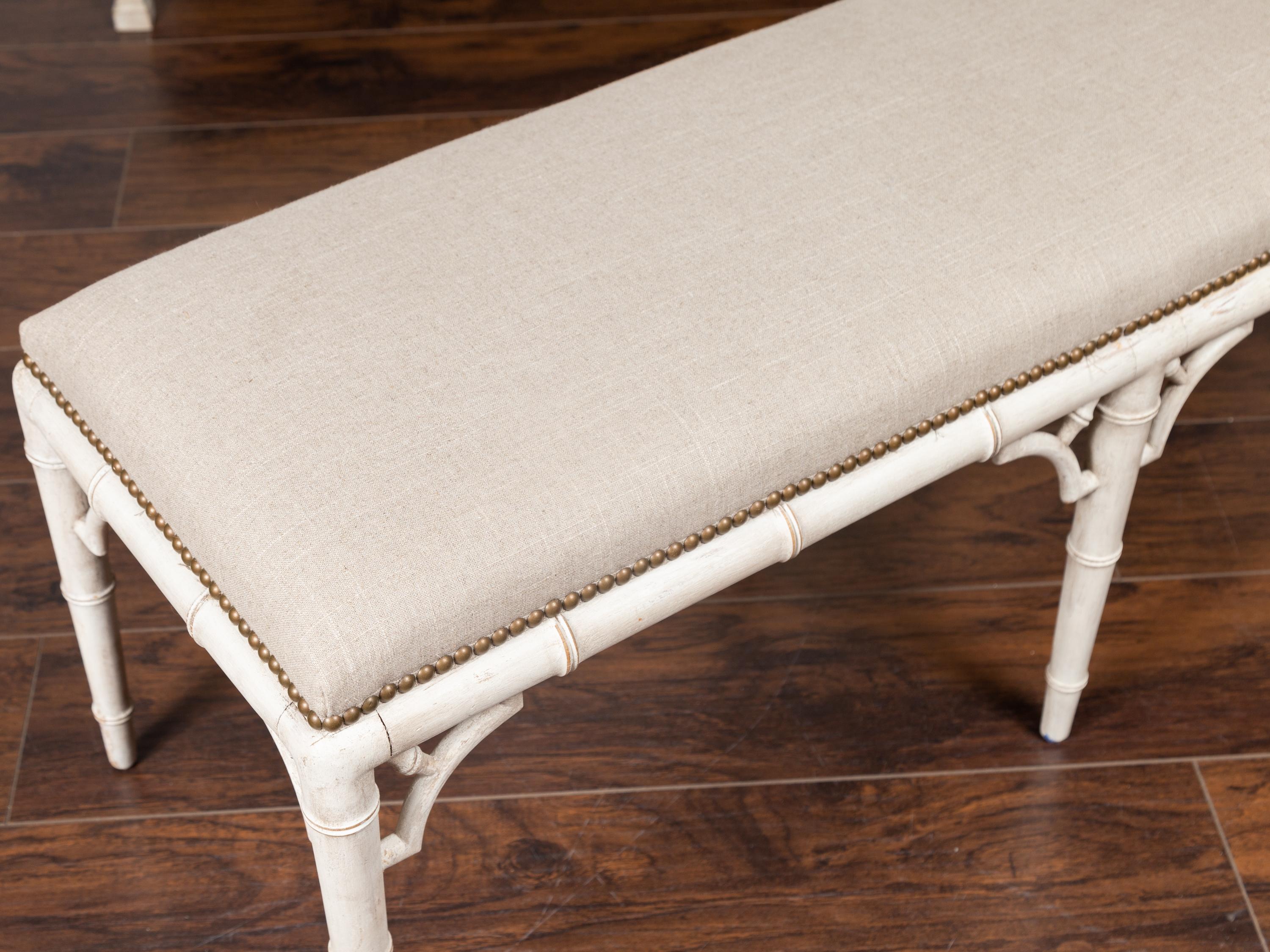 English Midcentury Painted Faux Bamboo Bench with Upholstery, Pair Available In Good Condition In Atlanta, GA