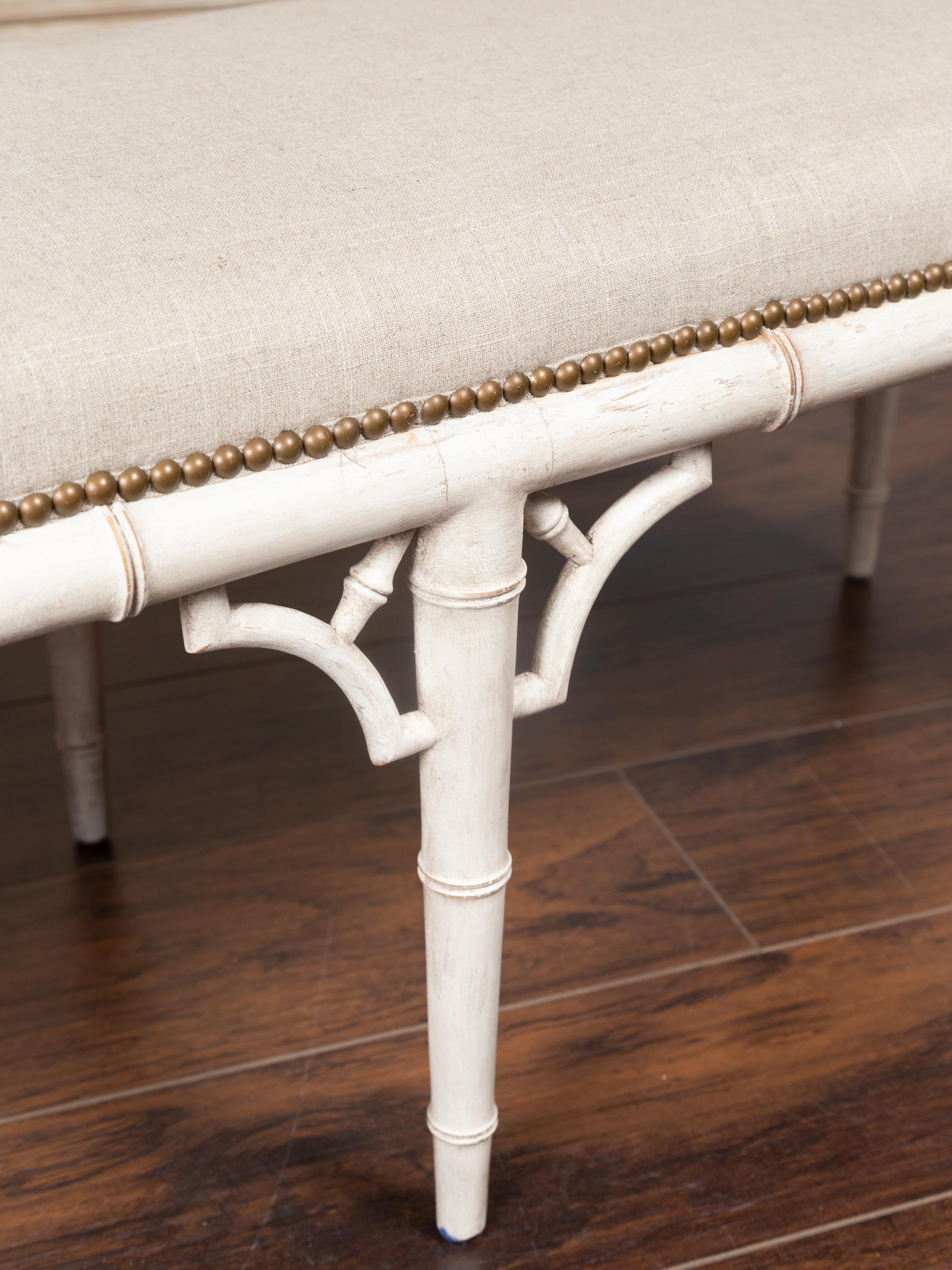 20th Century English Midcentury Painted Faux Bamboo Bench with Upholstery, Pair Available