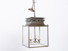 English Midcentury Patinated Brass and Glass Three-Light Lantern