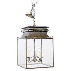 English Midcentury Patinated Brass and Glass Three-Light Lantern