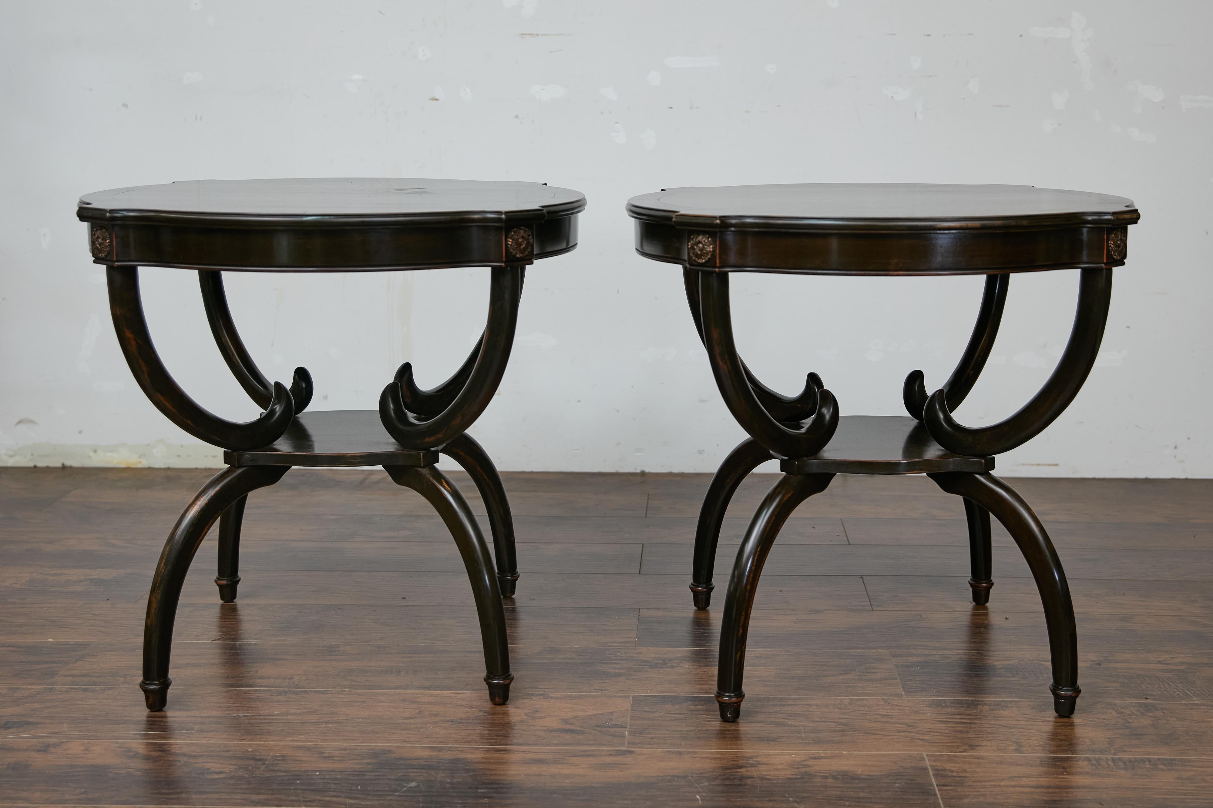English Midcentury Period Dark Lacquered Side Tables with Neoclassical Accents For Sale 13