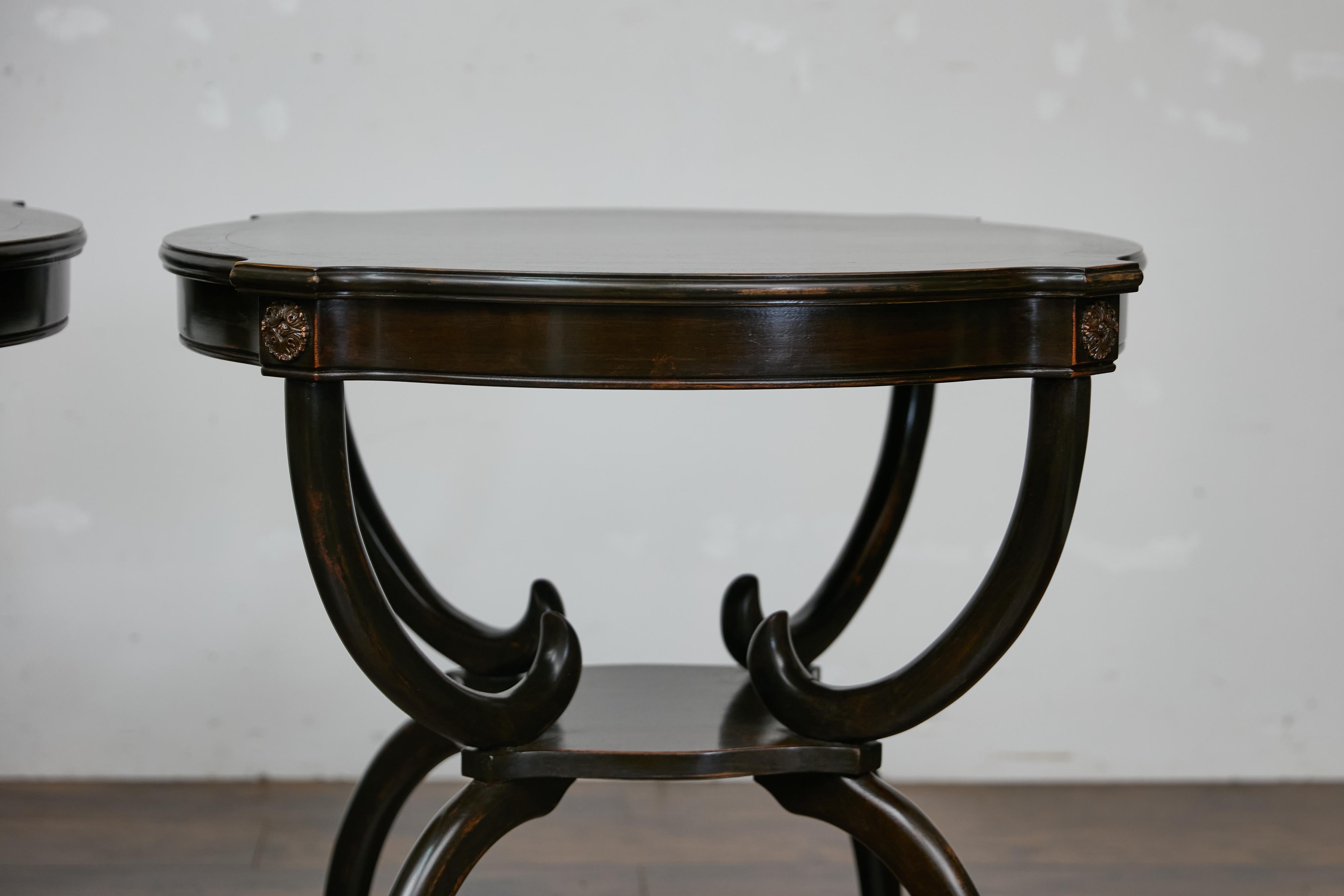 Mid-Century Modern English Midcentury Period Dark Lacquered Side Tables with Neoclassical Accents For Sale