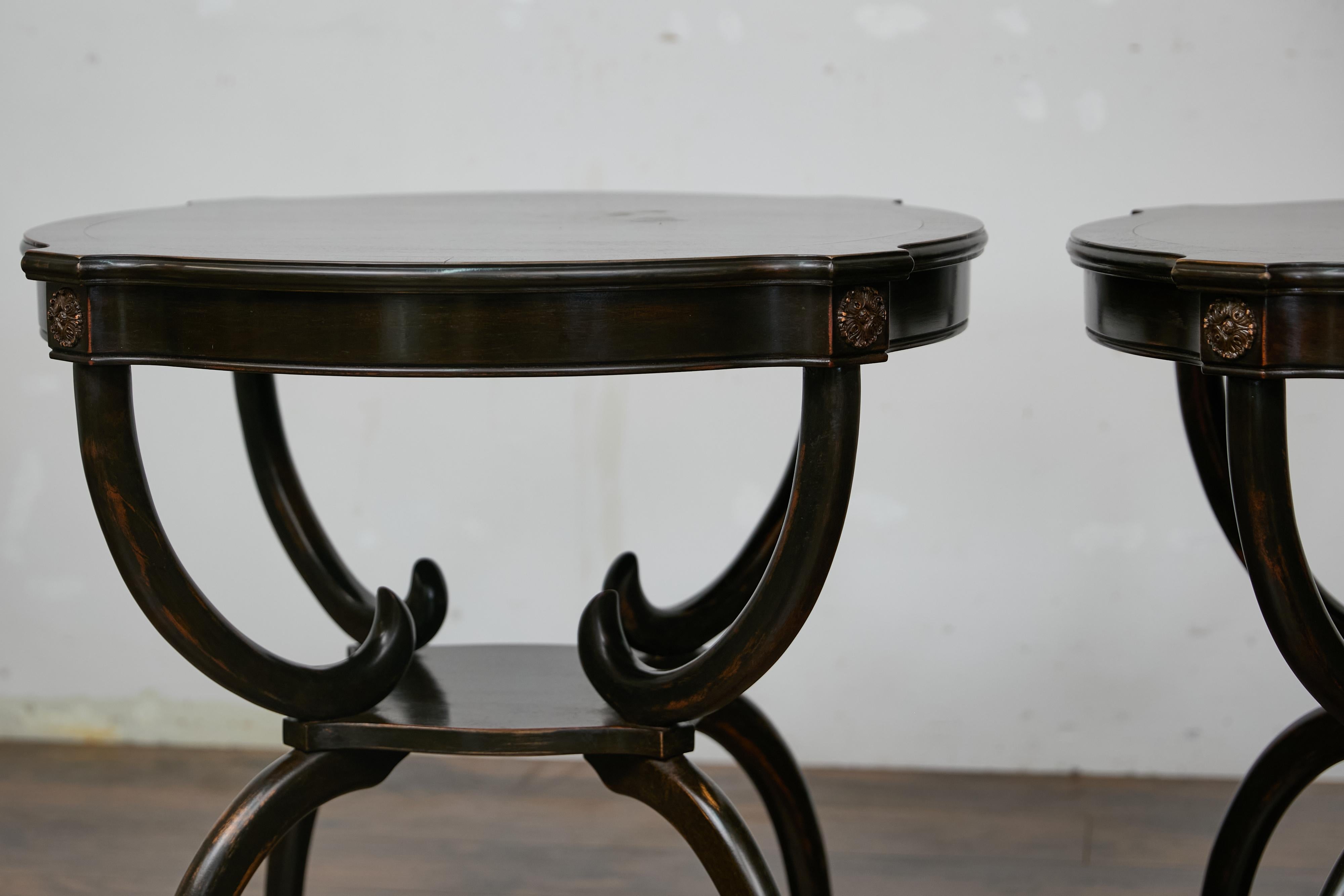 Carved English Midcentury Period Dark Lacquered Side Tables with Neoclassical Accents For Sale