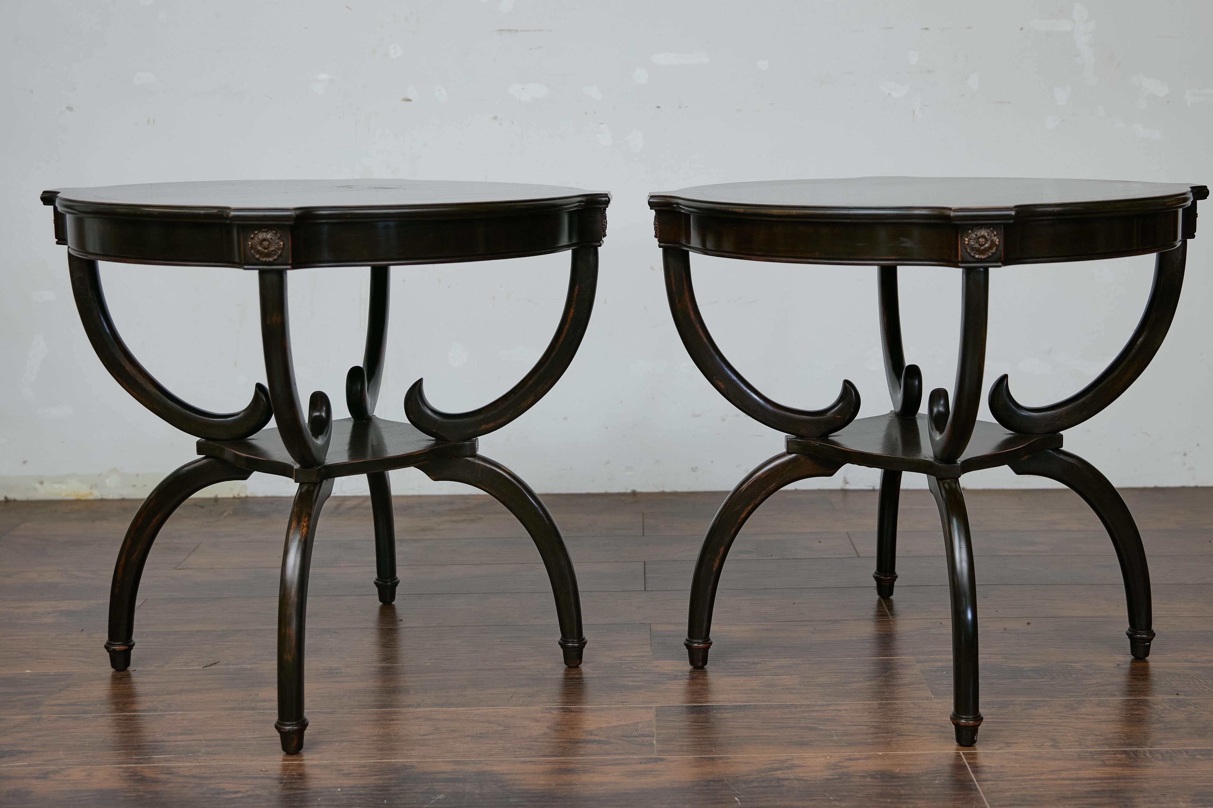 Hardwood English Midcentury Period Dark Lacquered Side Tables with Neoclassical Accents For Sale