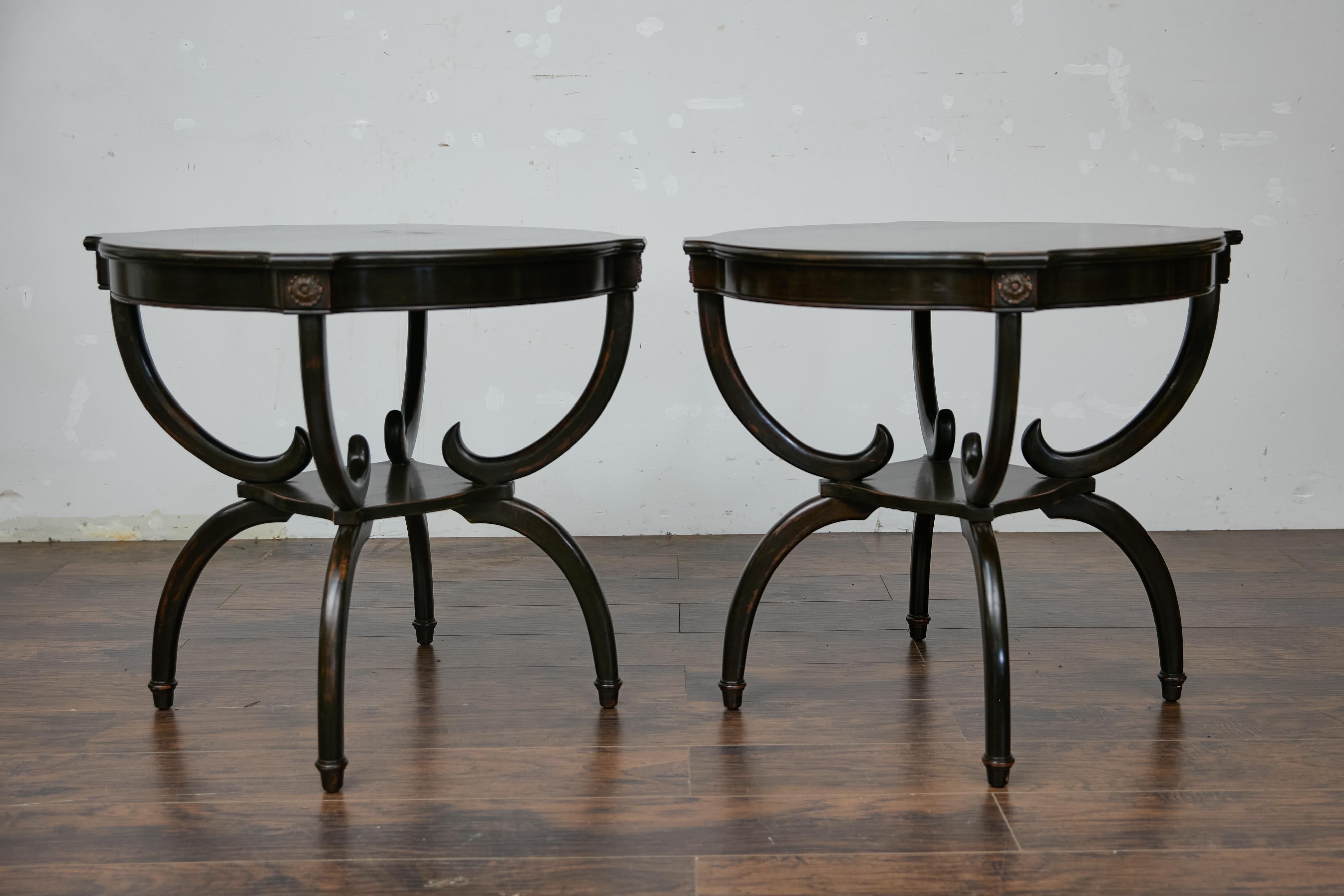 English Midcentury Period Dark Lacquered Side Tables with Neoclassical Accents For Sale 1