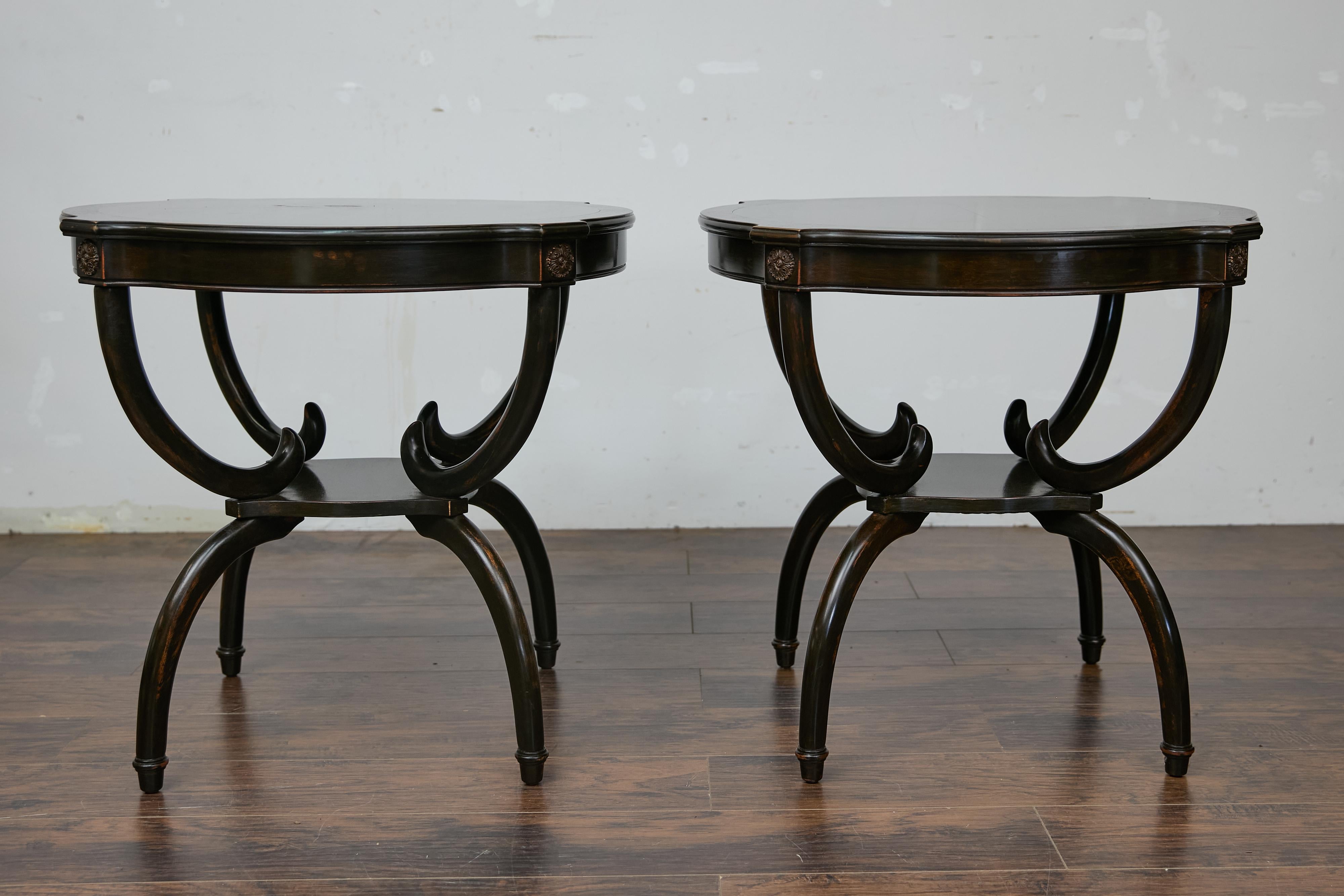 English Midcentury Period Dark Lacquered Side Tables with Neoclassical Accents For Sale 2