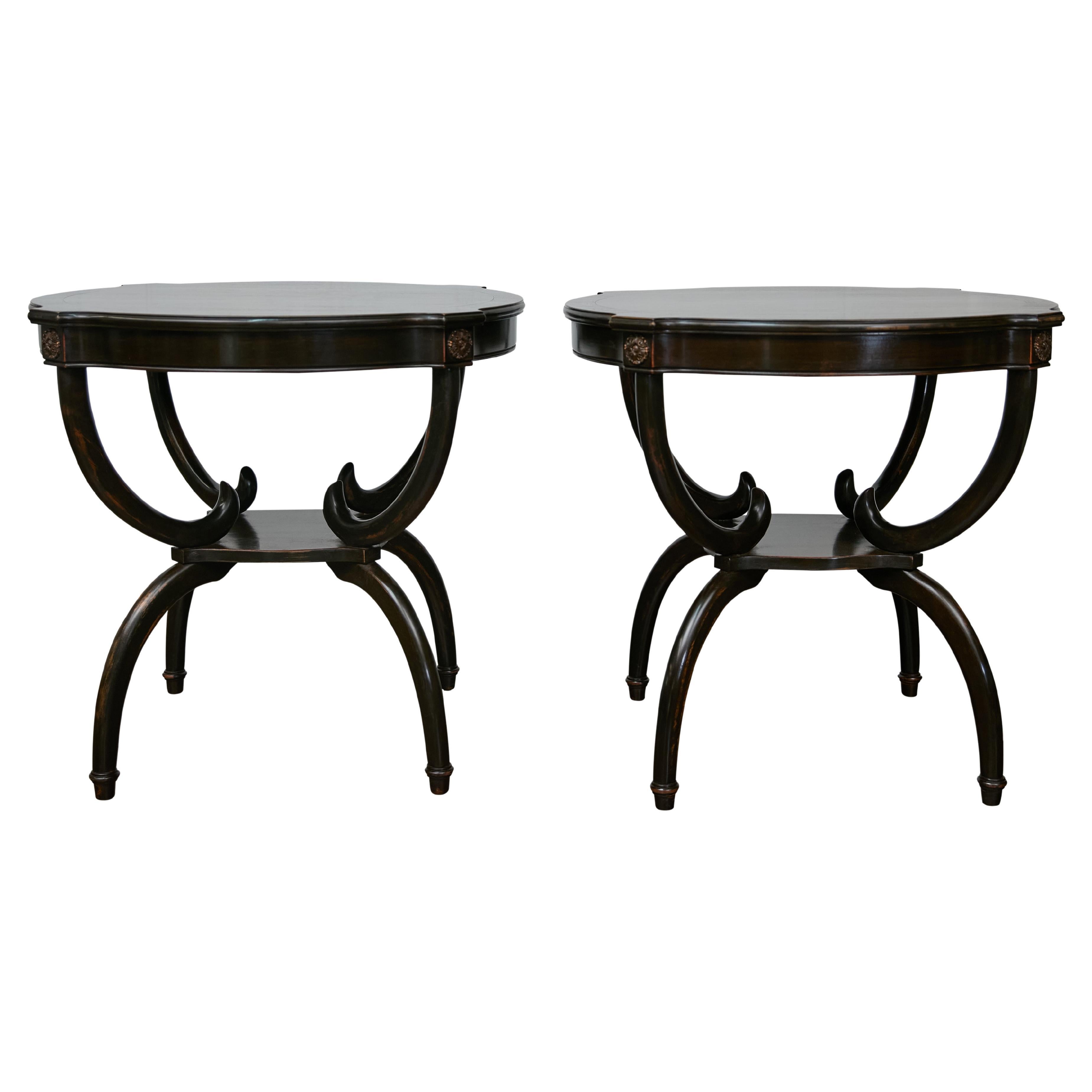 English Midcentury Period Dark Lacquered Side Tables with Neoclassical Accents