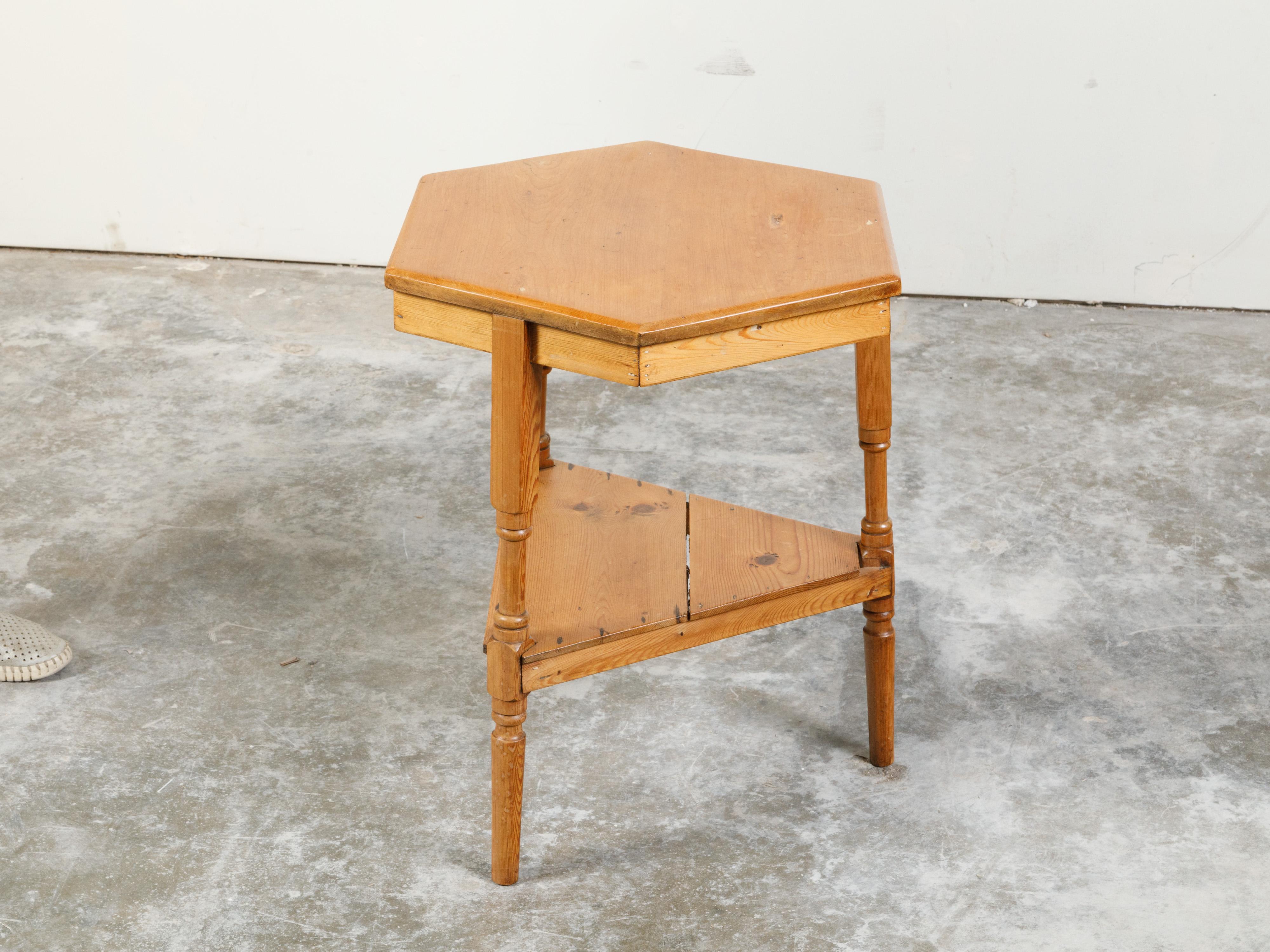 Rustic English Midcentury Pine Cricket Table with Hexagonal Top and Triangular Shelf For Sale