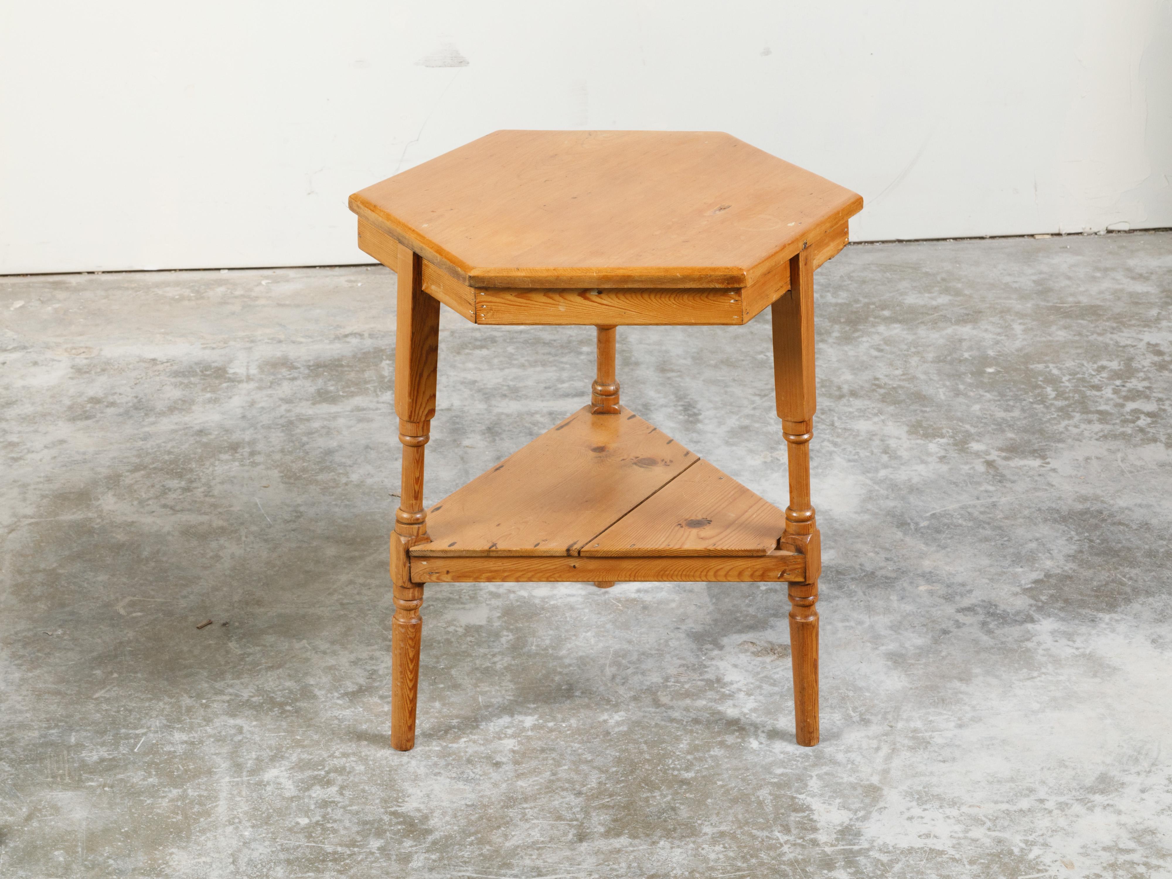 English Midcentury Pine Cricket Table with Hexagonal Top and Triangular Shelf In Good Condition For Sale In Atlanta, GA