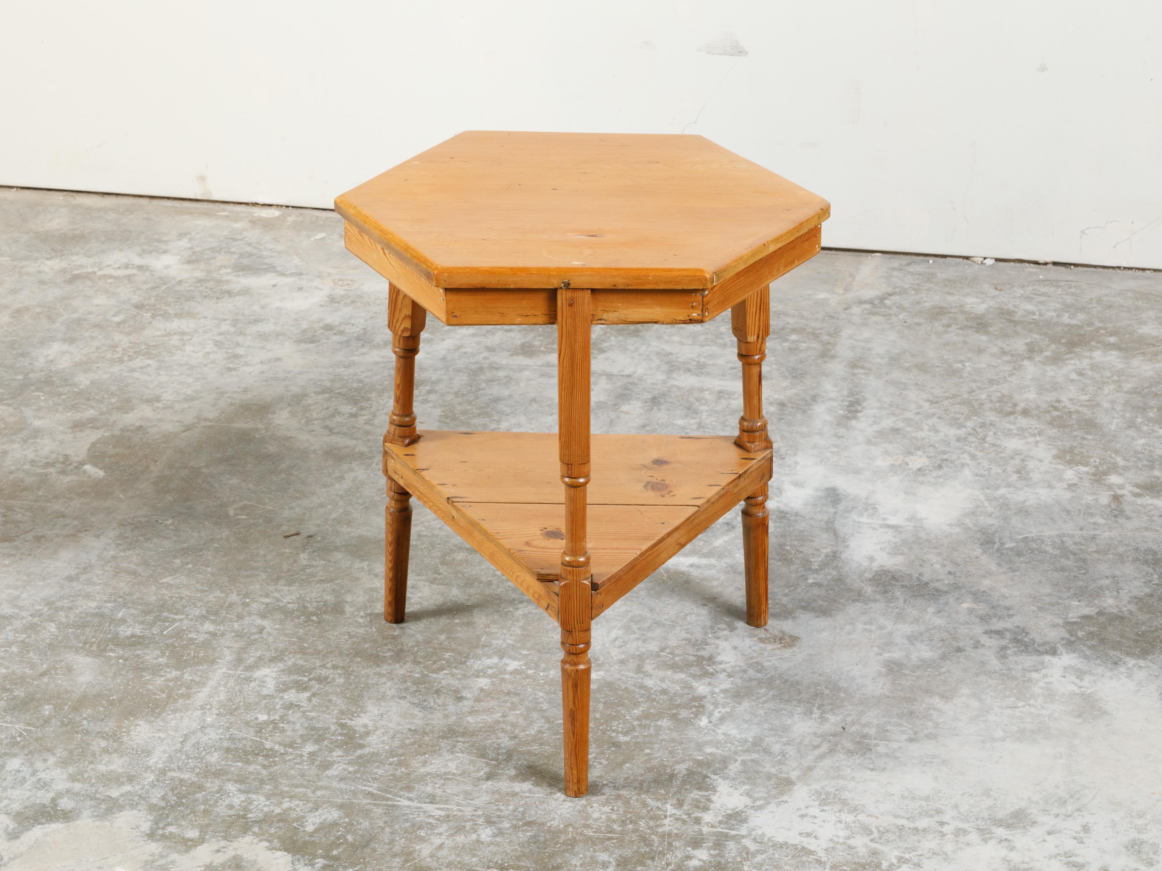 20th Century English Midcentury Pine Cricket Table with Hexagonal Top and Triangular Shelf For Sale