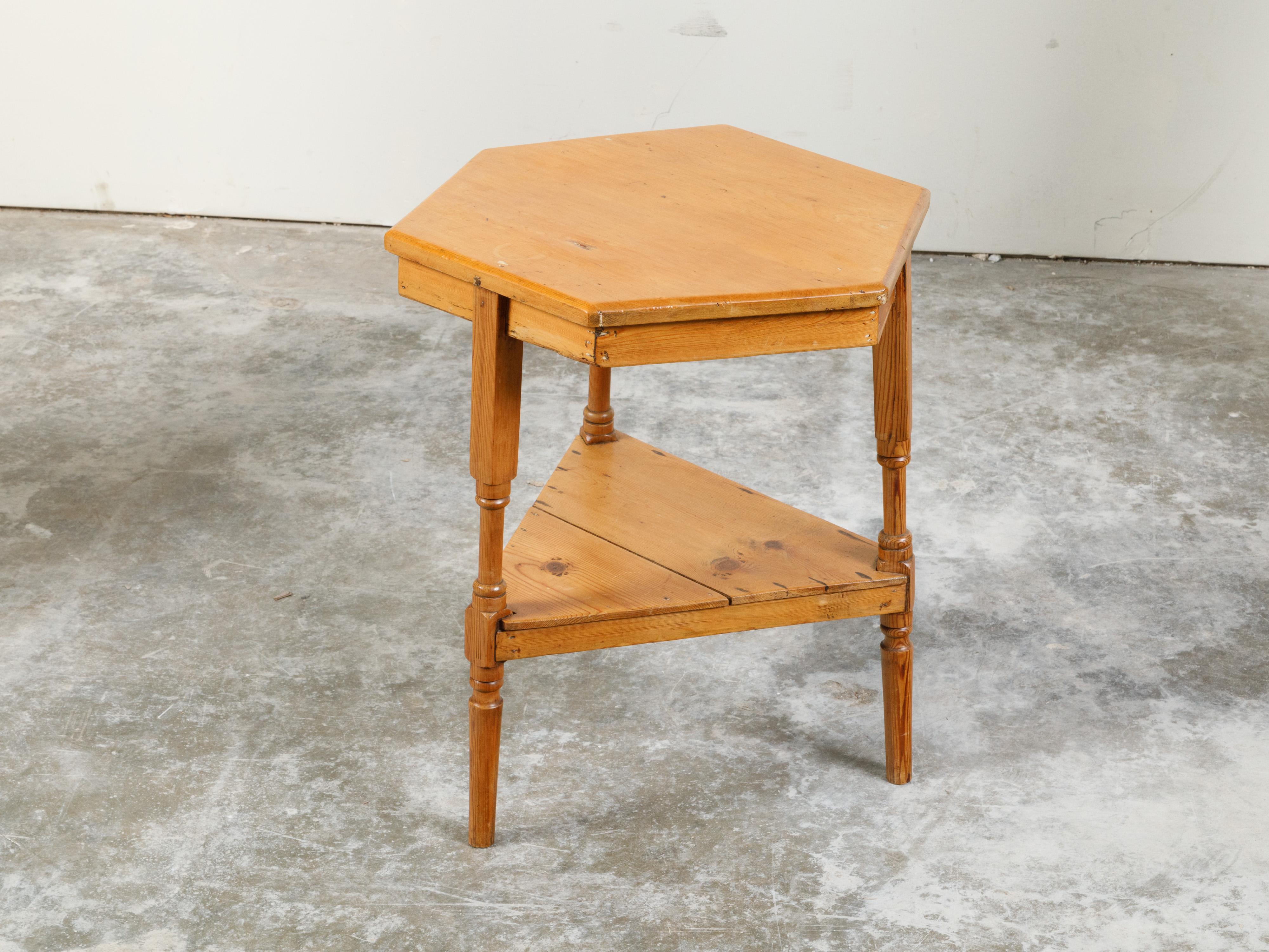 English Midcentury Pine Cricket Table with Hexagonal Top and Triangular Shelf For Sale 1