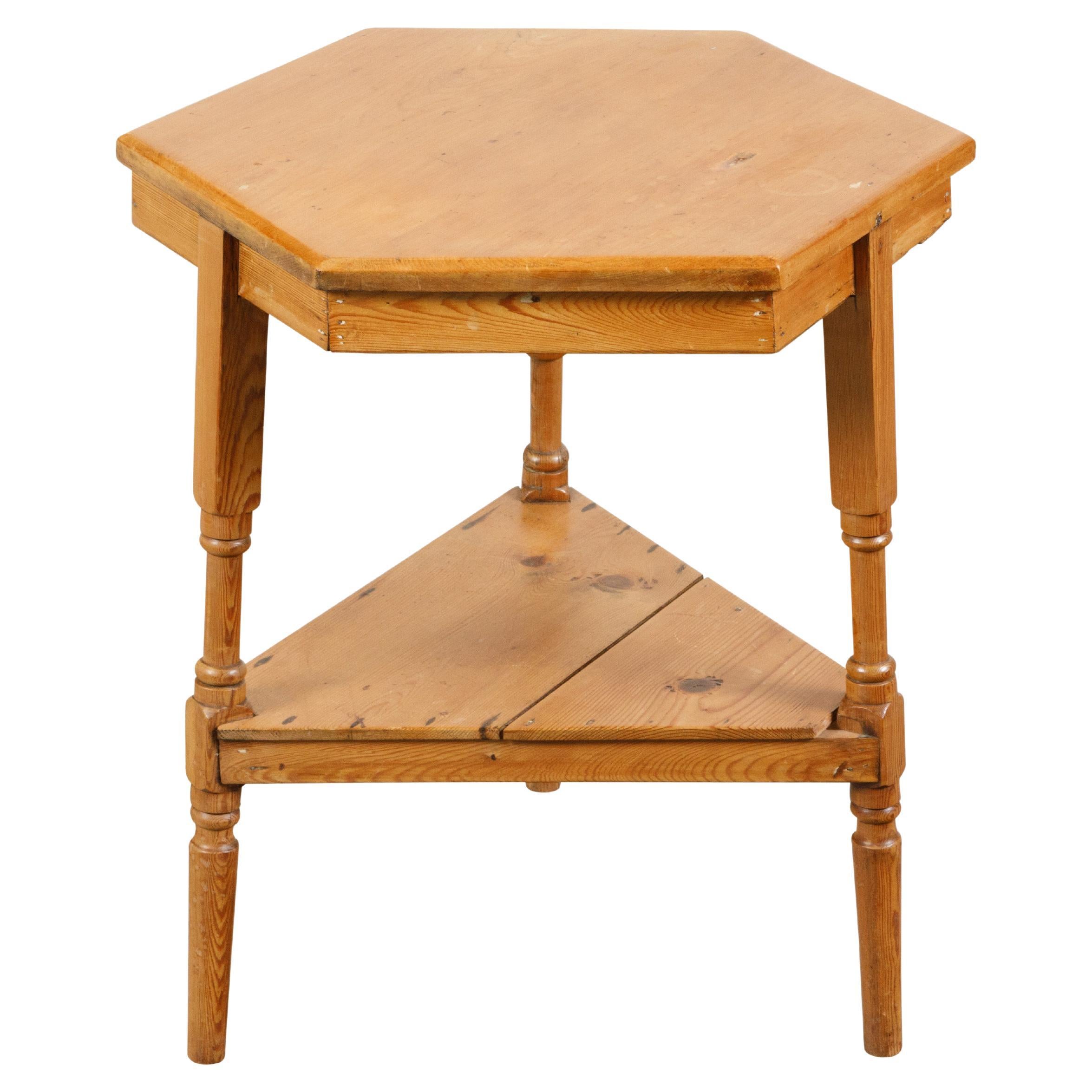 English Midcentury Pine Cricket Table with Hexagonal Top and Triangular Shelf For Sale