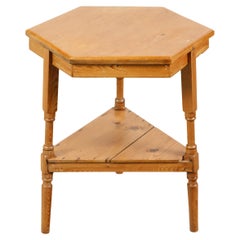 Retro English Midcentury Pine Cricket Table with Hexagonal Top and Triangular Shelf