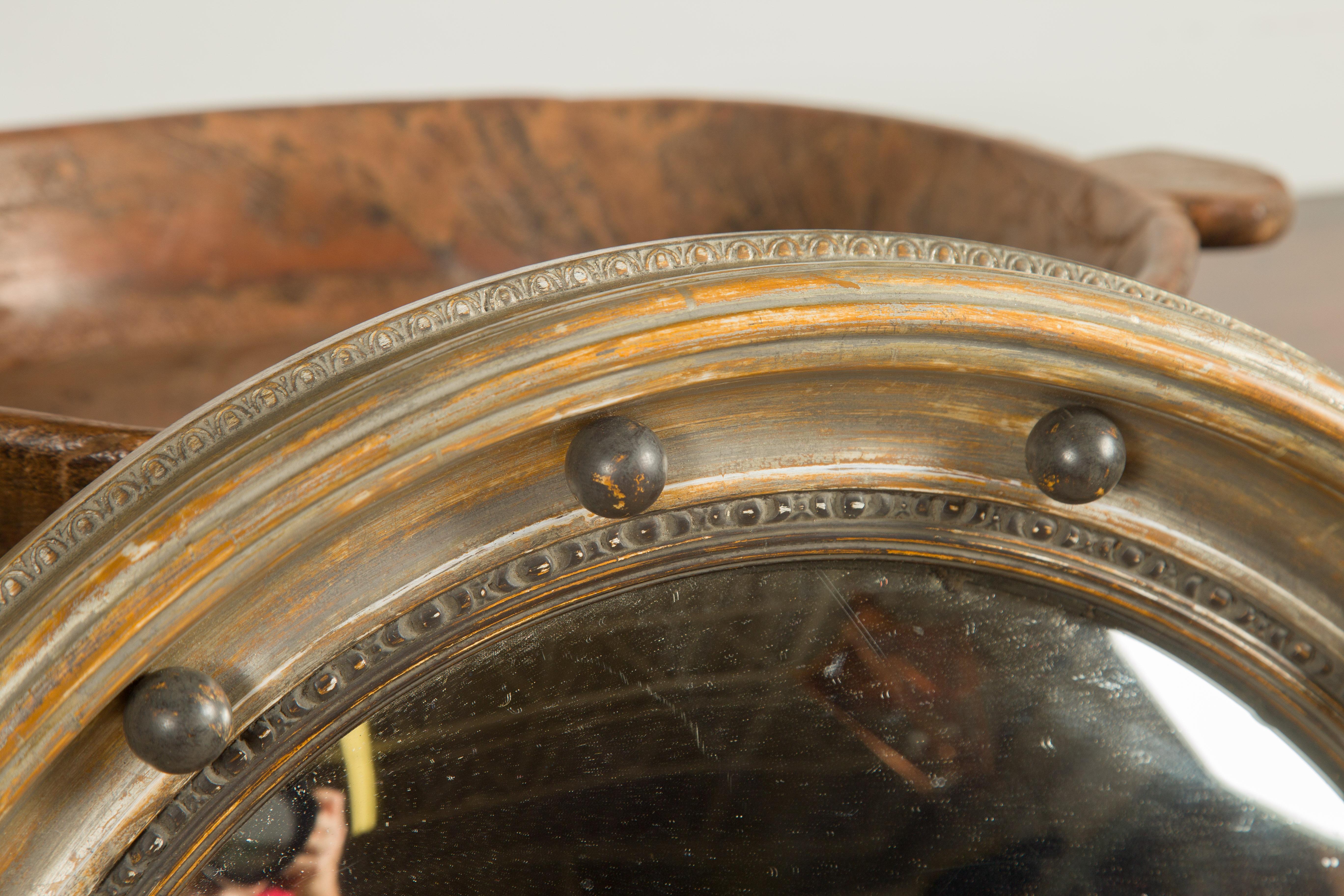 20th Century English Midcentury Silver Leaf Carved Convex Bullseye Mirror with Dark Spheres
