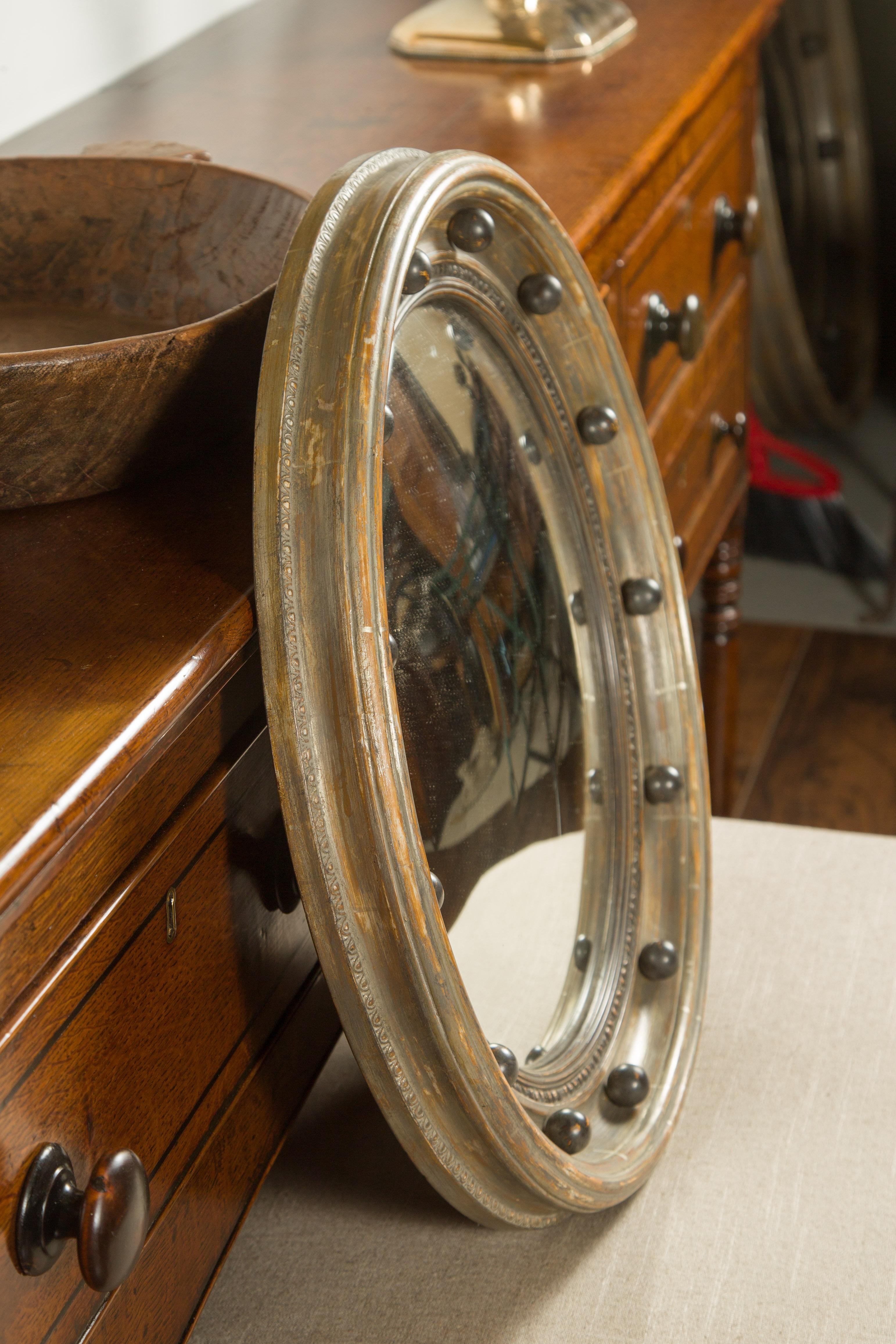 English Midcentury Silver Leaf Carved Convex Bullseye Mirror with Dark Spheres 3