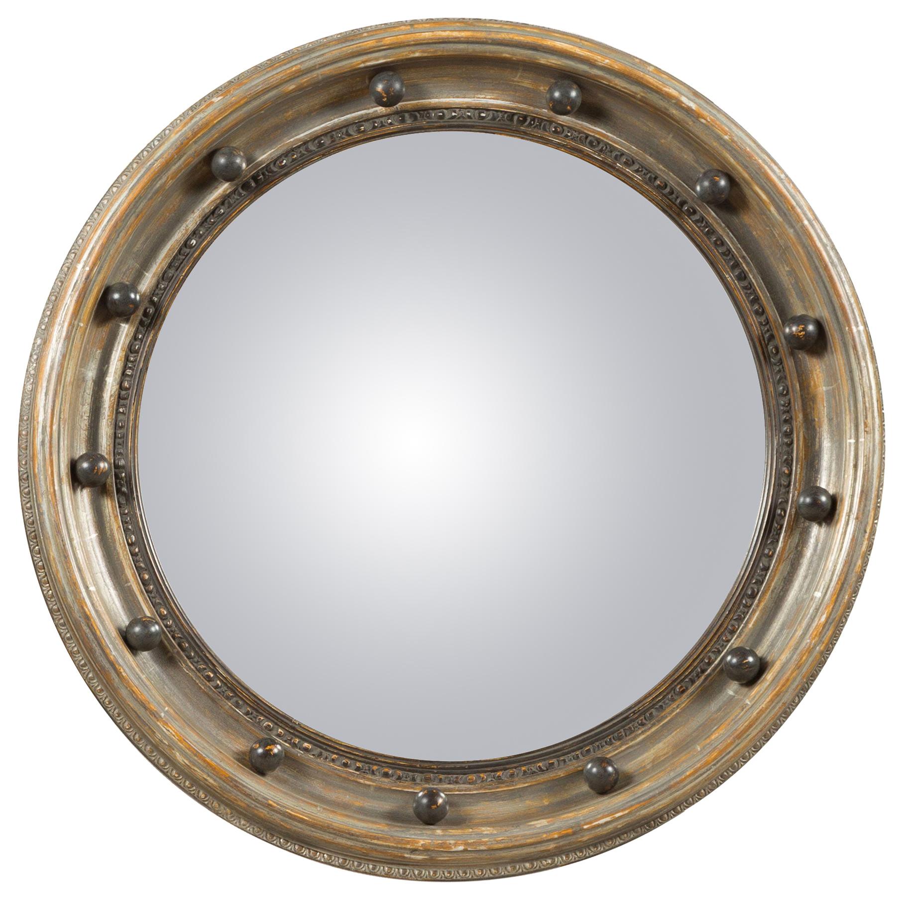 English Midcentury Silver Leaf Carved Convex Bullseye Mirror with Dark Spheres