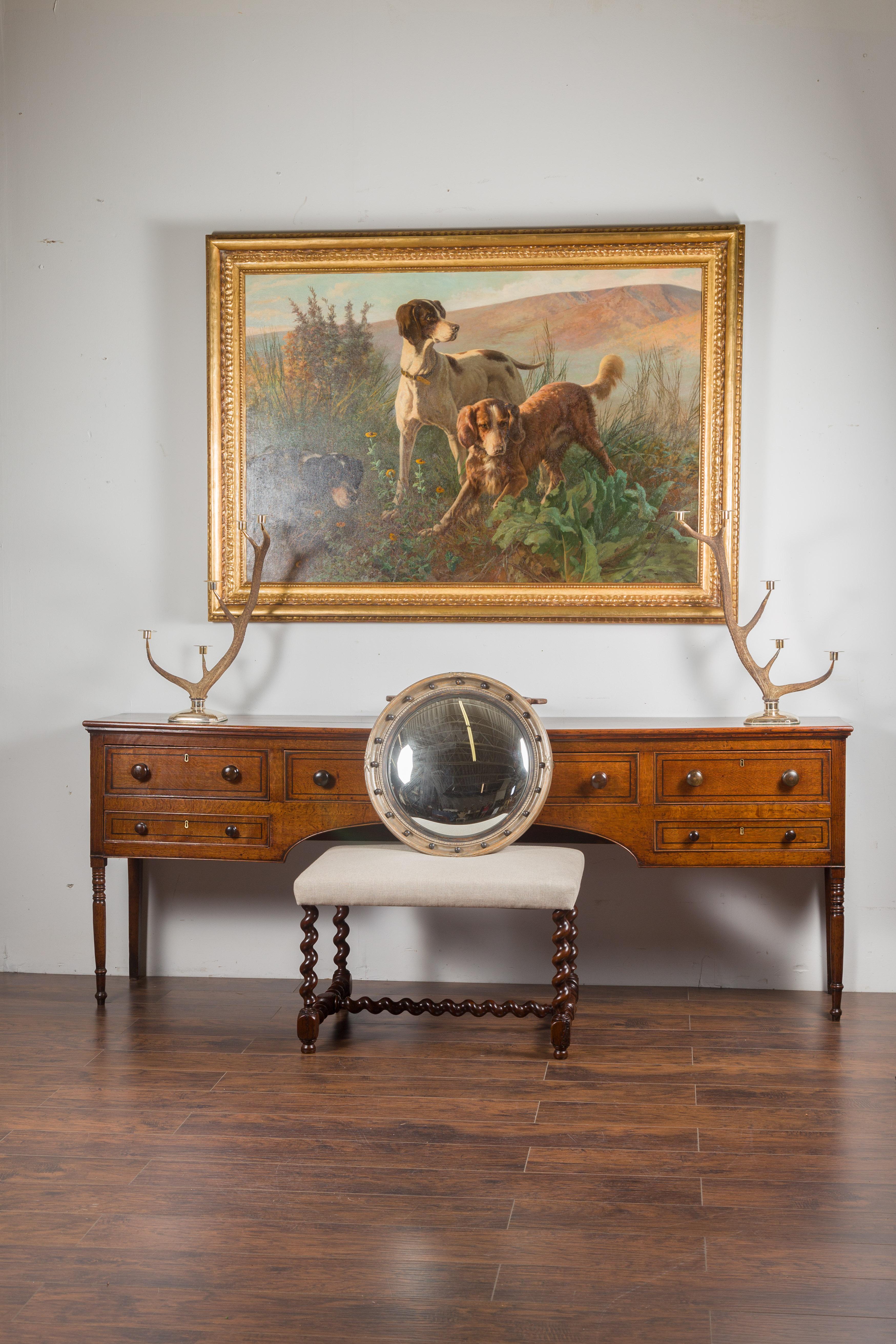 Carved English Midcentury Silver Leaf Convex Bullseye Mirror with Petite Spheres