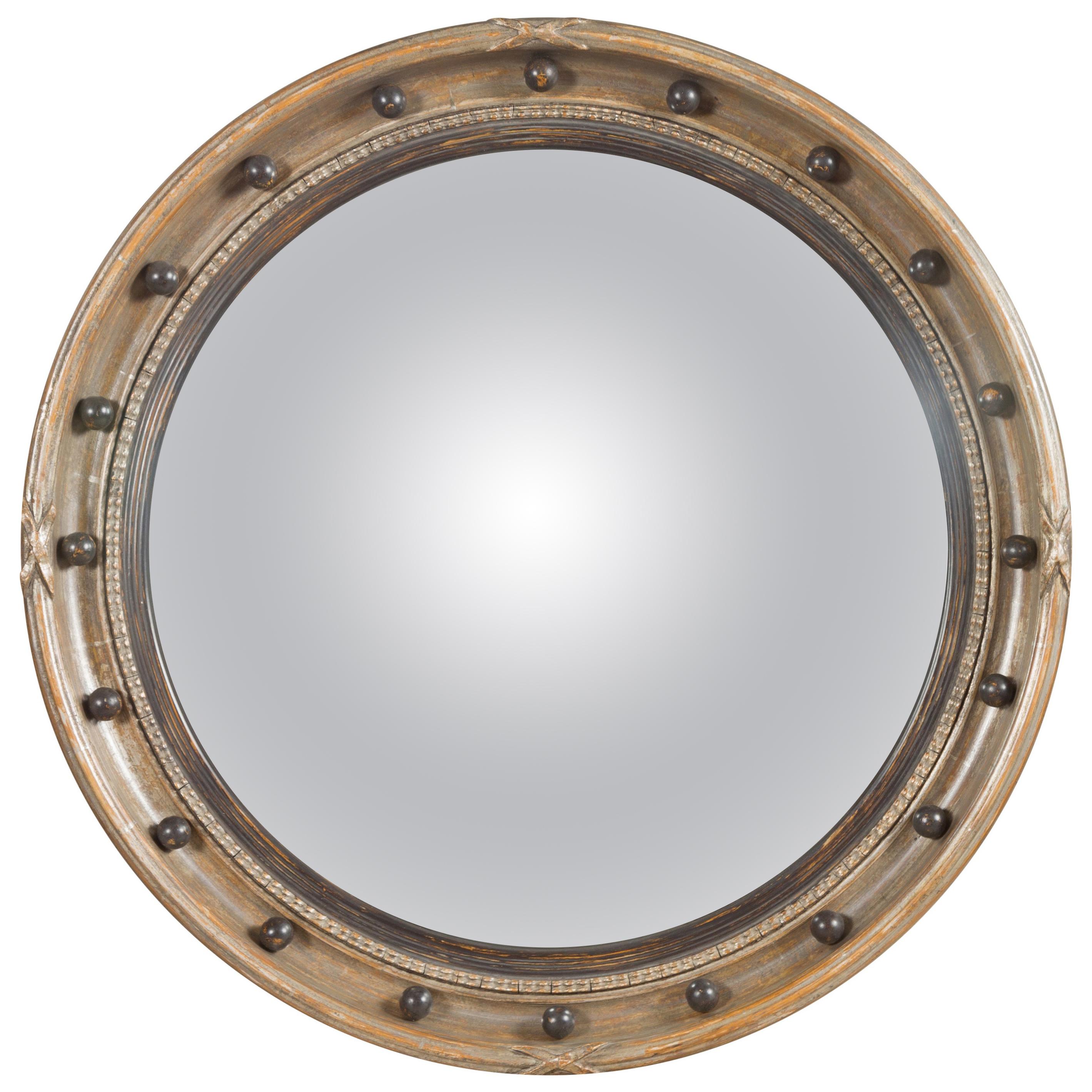 English Midcentury Silver Leaf Convex Bullseye Mirror with Petite Spheres
