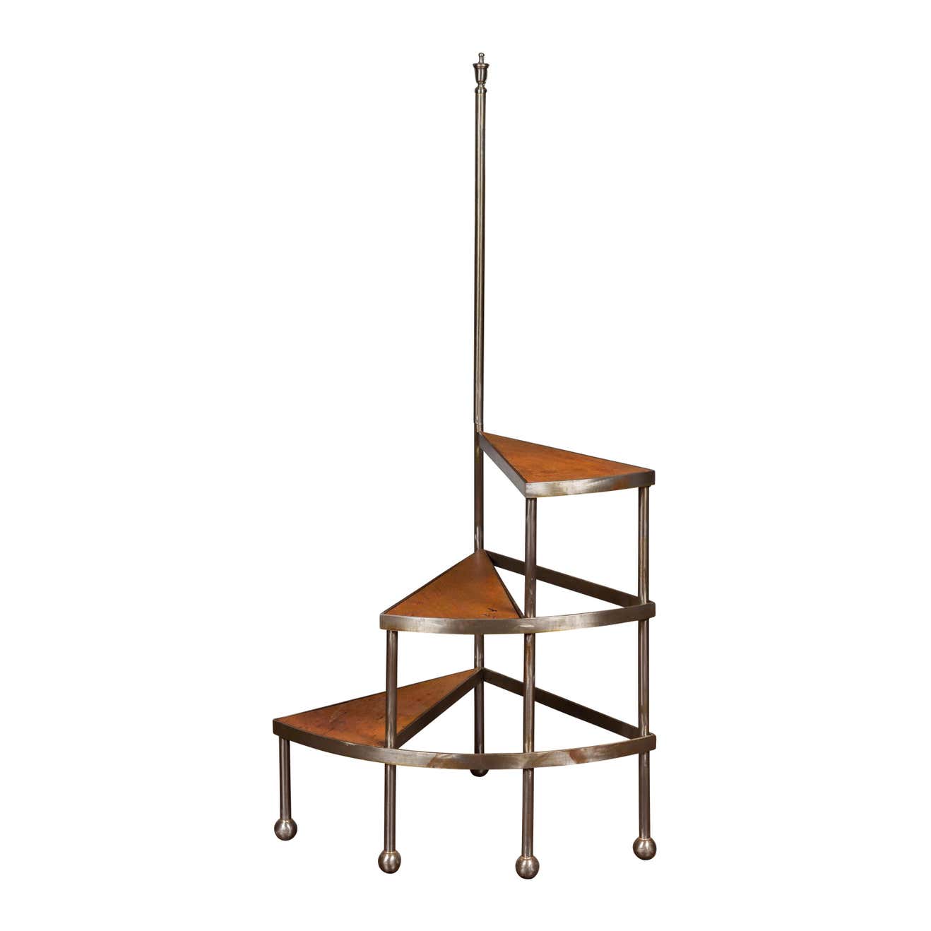 English Midcentury Steel and Oak Library Steps with Spiral Design and ...