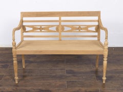 English Midcentury Teak Bench with Carved Rosettes and Slatted Seat