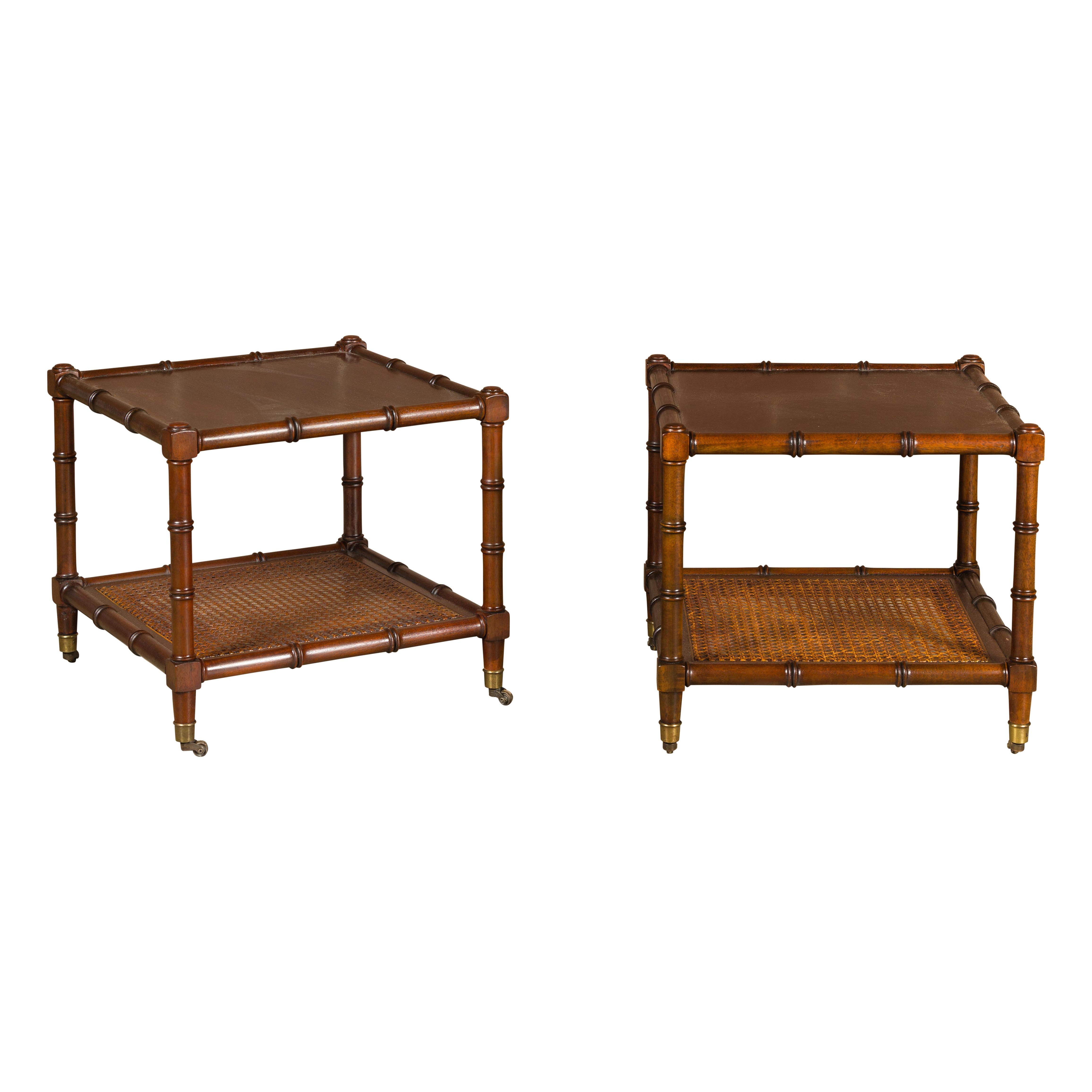 English Midcentury Walnut, Faux Bamboo and Cane Low Side Tables on Casters, Pair For Sale 9